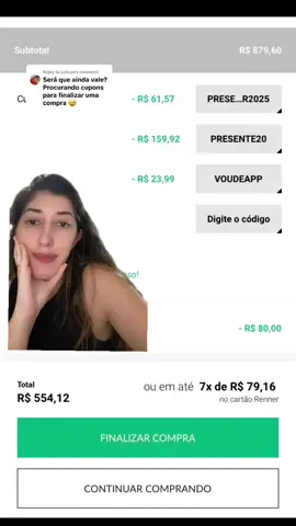 Replying to @Letícya cupoms: PRESENTE20 (vestidos), VOUDEAPP (1ª compra no app) e PRESENTERENNER2025 (para usar 1x por ano)