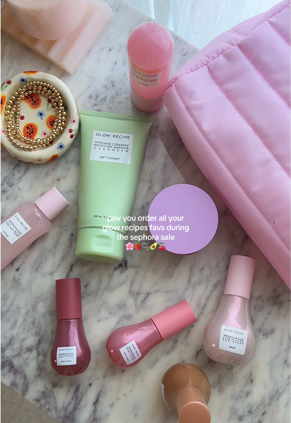 so many @Glow Recipe goodies 🍓🌸 literally all my favs apart of the sephora sale 🤭 #skincare #skincareroutine #sephorasale #girlythings #cleangirlaesthetic #cleangirl #grwm #grwmroutine 
