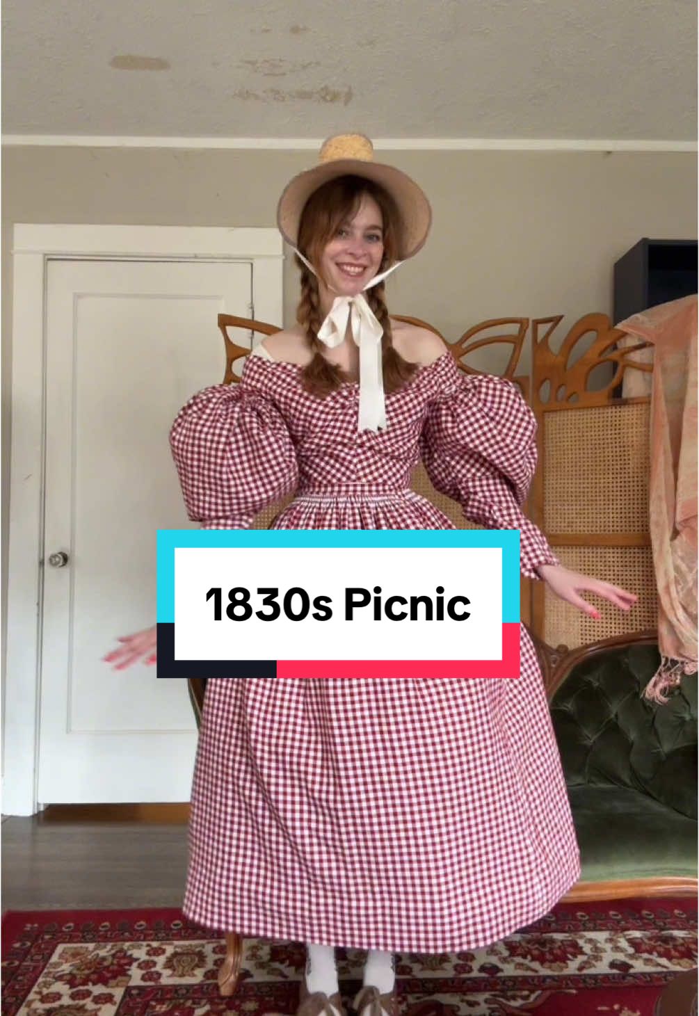 I don’t go on picnics I AM THE PICNIC. 🧺 🧺 🧺  A brief list of things I love about the 1830s  1. Lampshade bonnet is basically man repellent  2. Twirly skirt  3. POCKETS  4. Dat proportion doe  5. Look like a lil doll  6. Good for prancing  7. Wait til you see the hair #historicalfashion #1830s #historicalcostuming 