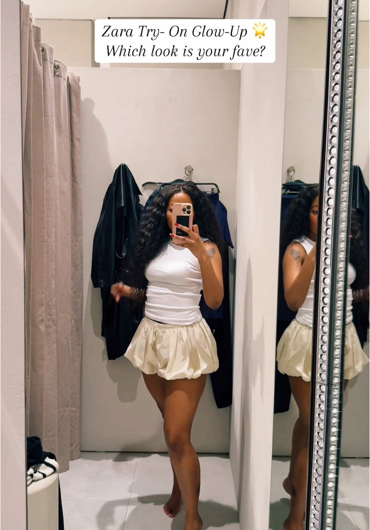 Zara changing room confessions…….👗 Which look deserves a spot on my cart?(be honest)  #zaratryon’’ #zarafittingroom#styeldbylelo#springhaul#tryonhaul#nofilterfashion#fypシ゚ 