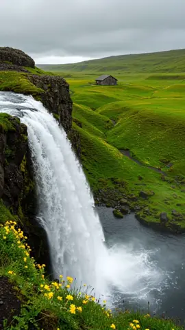 🌿🌊 Nature’s Motion in Perfect Harmony! The camera smoothly rotates around a breathtaking waterfall, its powerful flow crashing into the serene pool below. The wind dances through the bright yellow flowers, making the lush green hills come alive. In the distance, a cozy wooden cabin stands peacefully, completing this dreamy landscape. Feel the freshness, hear the water, and embrace the beauty of nature in motion! 🍃🏡✨ #waterfall #nature #scenicview #relaxing #travel #landscape #peaceful #serenity #explore #naturelovers