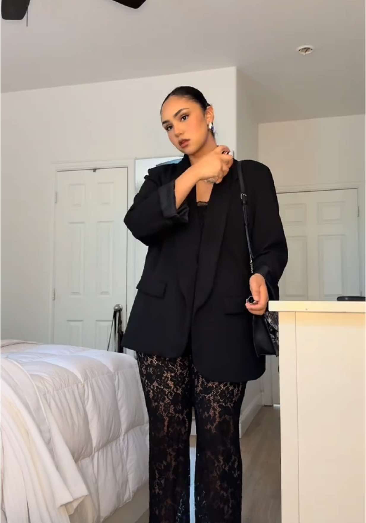 I love dressing up 🪩 saturday night fit!  #prettylittlething #boohoo #outfit #lacepants #fitcheck #saturday #nightout #allblack #outfitinspo #blazeroutfit #classy #girls #foryoupage #fyp #fypシ #fyppppppppppppppppppppppp #microinfluencer #grwm 