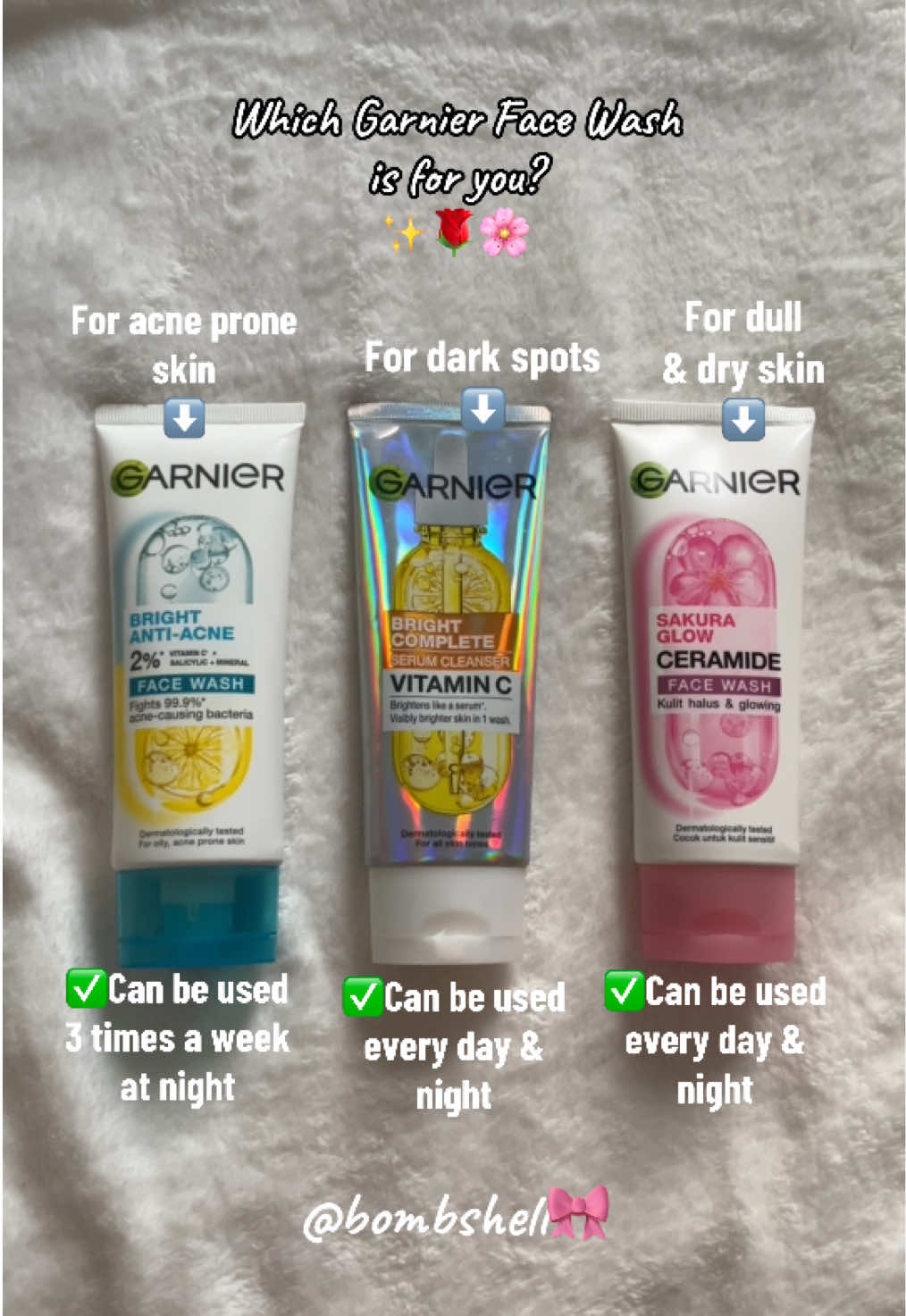 Which Garnier face wash is right for you?✨🌸 #garnier #garnierfacewash #garnierbrightantiacnefacialwash #garnierserumcleanser #garniersakuraglow #garniercleanser 