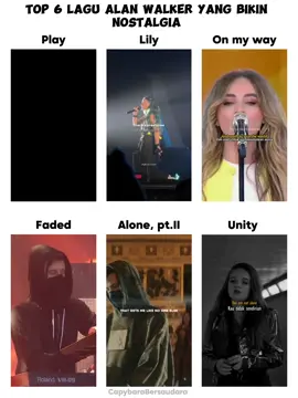 top 6 lagu Alan Walker yang bikin nostalgia  #laguviral #trendingsong #songviral #viralsong  #nostalgia #alanwalker #play #lily #onmyway #fyp #faded #alonept2 #unity #alone #trendingvideo  #fyppppppppppppppppppppppp #fypシ  #fypシ゚ 