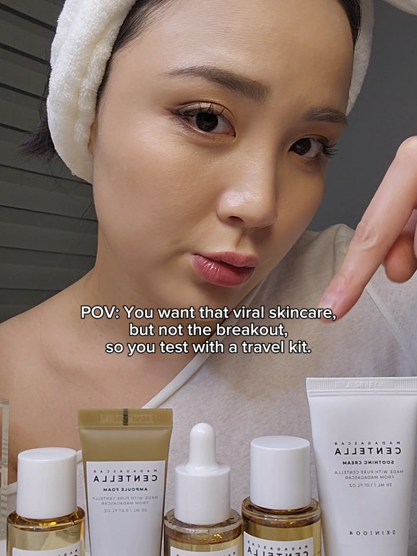 try the minis first before the full size thing🫣 @SKIN1004 US  #skin1004 #centella #tiktokmademebuyit #travelkit #koreanskincare 
 #kbeauty #skincareroutine#travelessentials #skincare #skincaretips #skin1004centella #glassskin