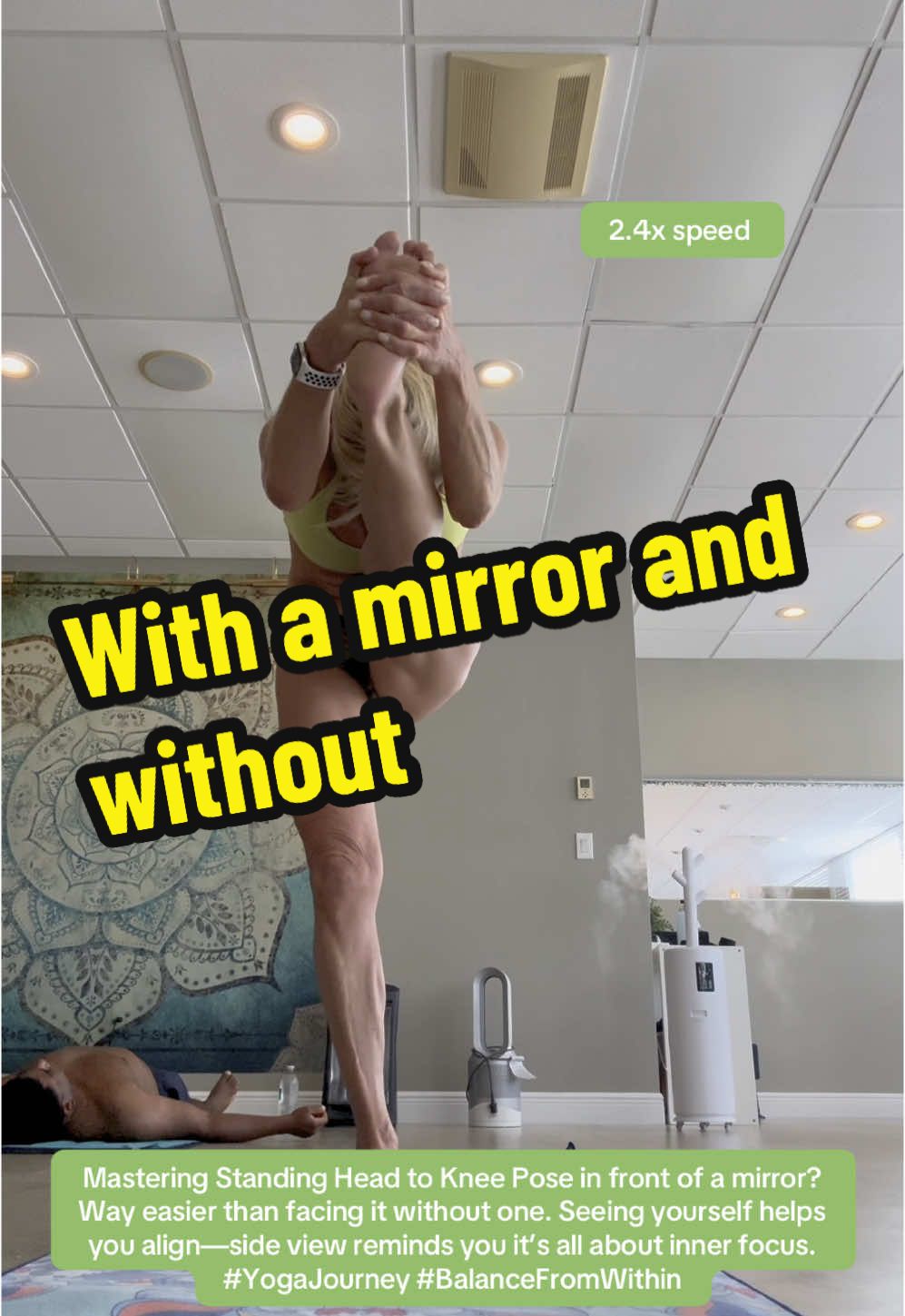 Practice standing here to knee pose in front of a mirror. It is much easier than doing it without one. See both examples here. #StandingHeadToKnee #DandayamanaJanushirasana #YogaInProgress #YogaJourney #MirrorPractice #BalanceAndFocus #AlignmentMatters #MindBodyDiscipline #YogaVibes #FlexibilityGoals #BikramYoga #DailyYogaPractice #YogaFromWithin #SideViewChallenge #FYP #TikTokYoga