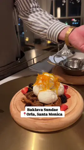The making of the baklava sundae at #MichaelMina’s Orla in #SantaMonica. Definitely need 4 people to share this dessert! #baklava #baklavasundae #baklavalovers #desserttok 