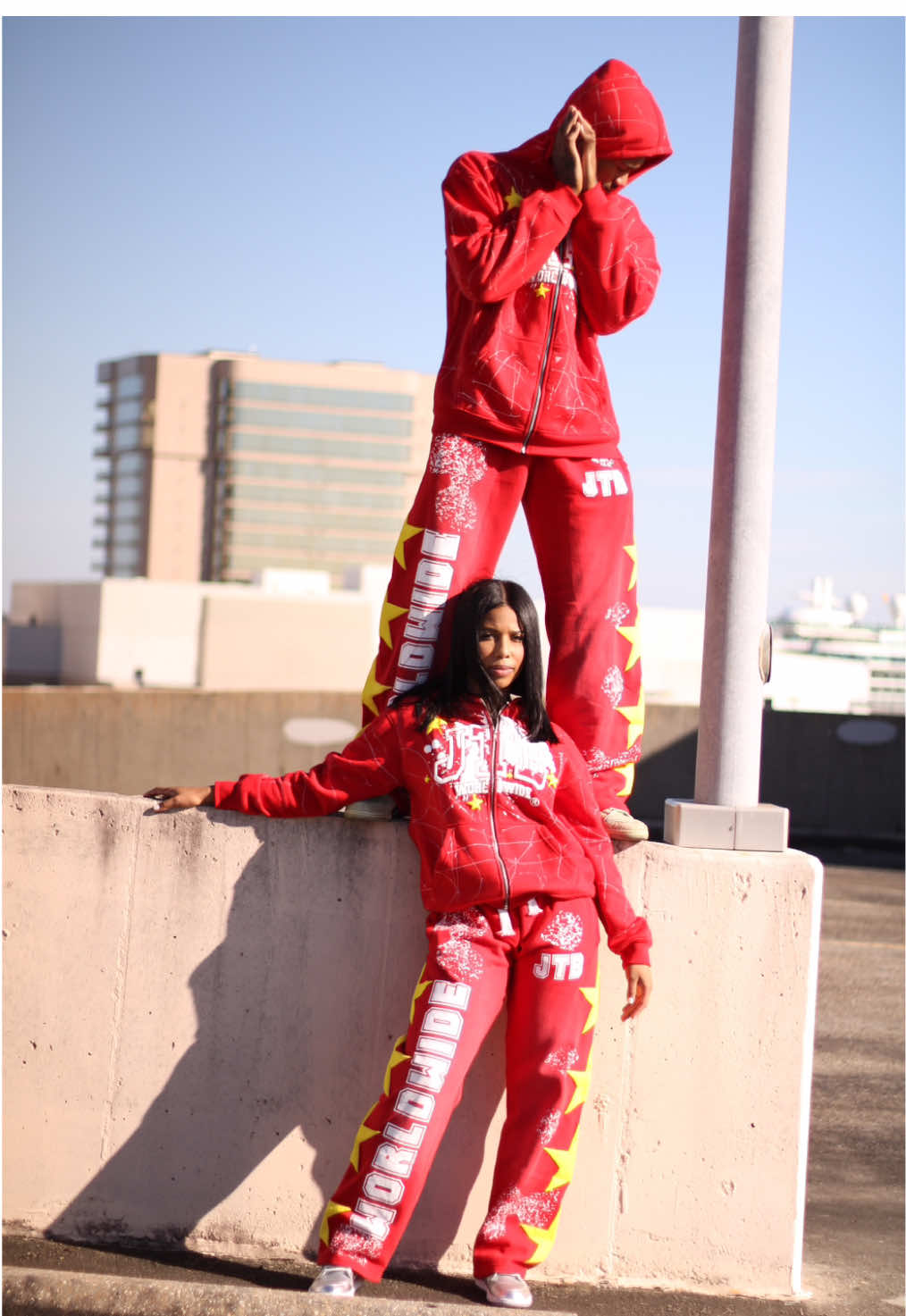 Rooftop brand photo shoot #clothingbrand #jtb #blessed #justtooblessed #red #fashion #stars #rooftop 
