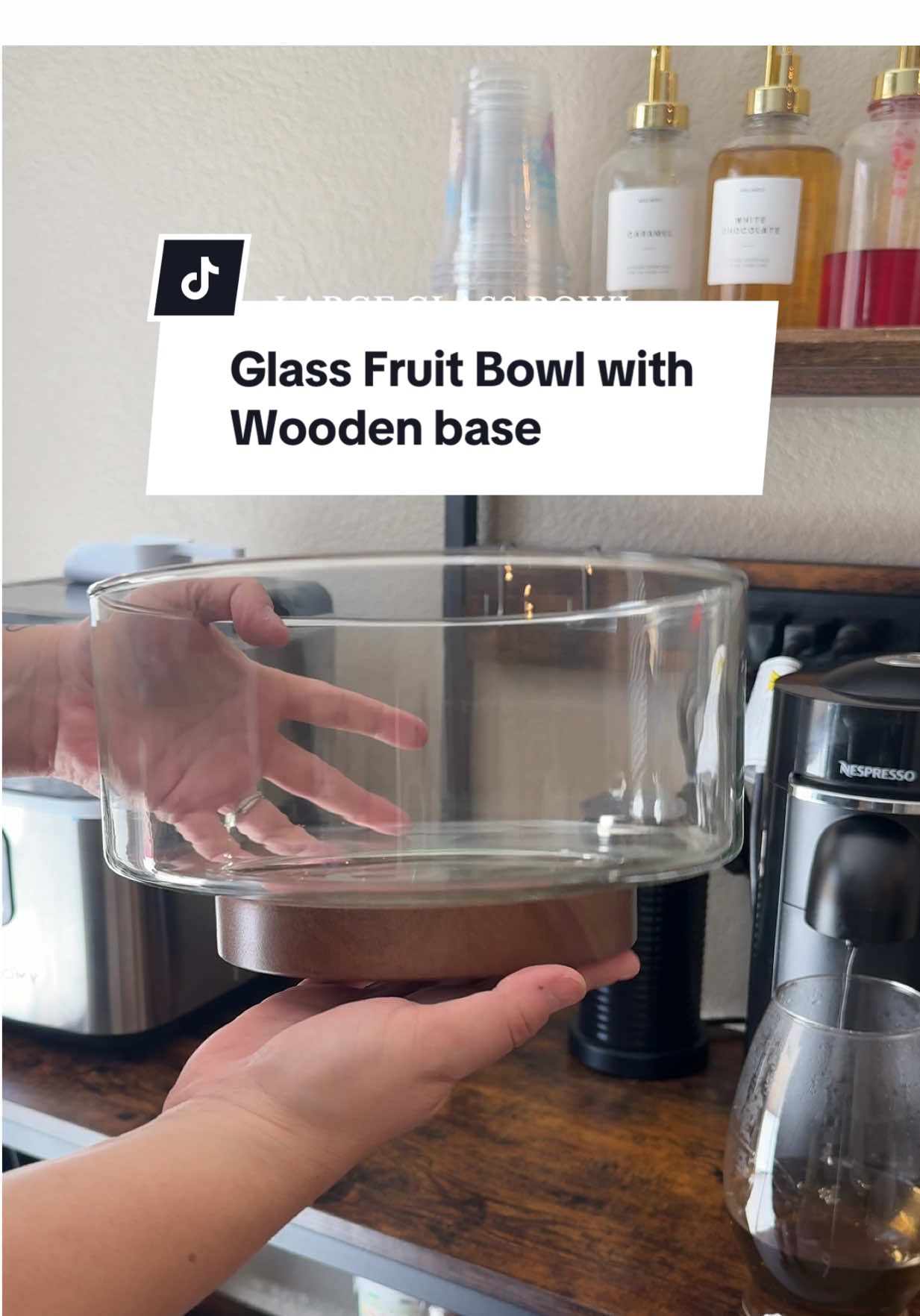 Technically it’s a fruit bowl, but I wanted it for my coffee pods instead I think it worked well? what do you think?  #glassbowl #fruitbowl #glassfruitbowl #kitchenmusthaves #kitchendecor #nespressopodholder #coffeepodholder 