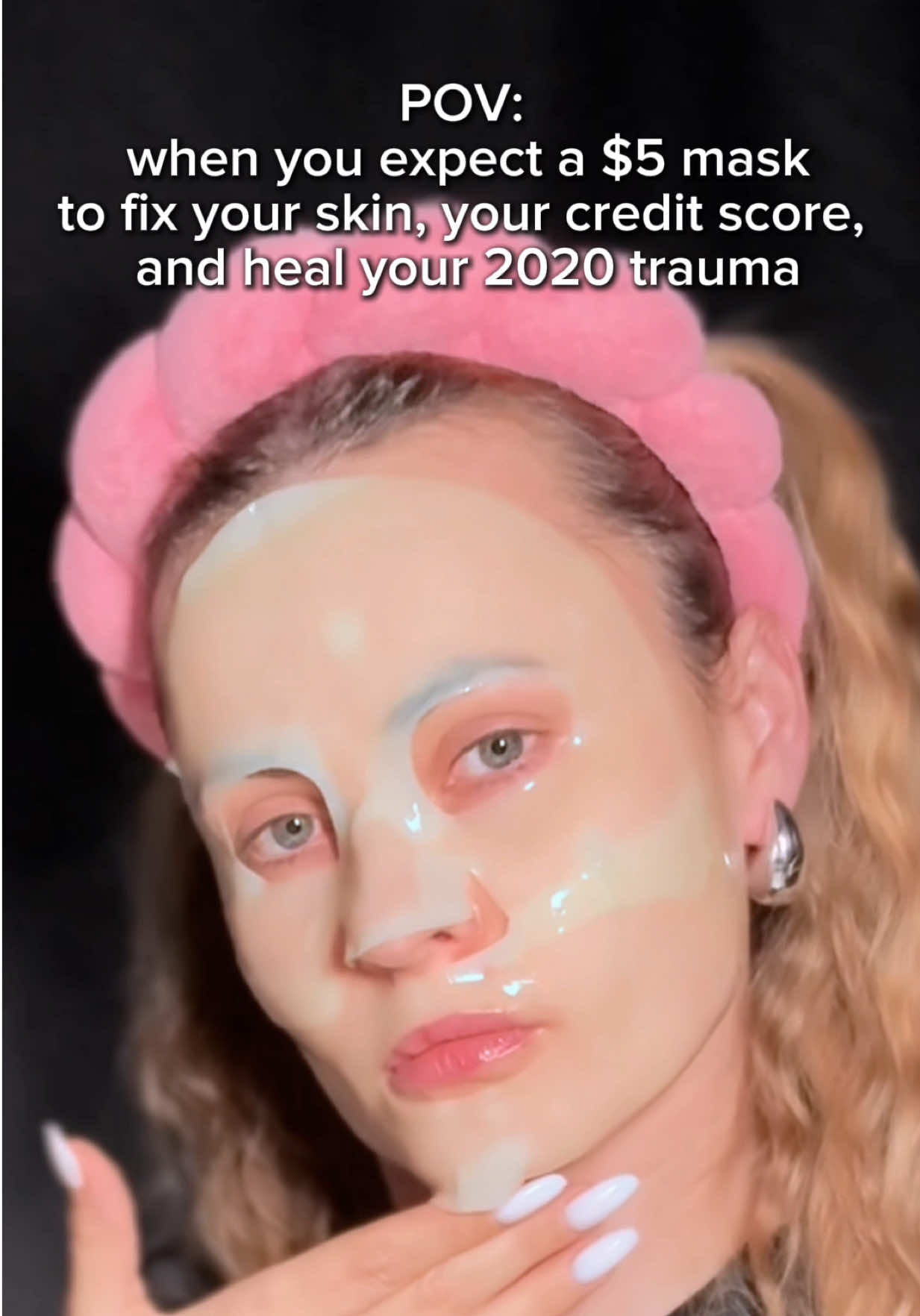 POV: When you expect a $5 mask to clear your skin, boost your credit score, and heal your 2020 trauma… and honestly? She’s kinda doing it. #antiaging #brighteningskincare #kbeauty #skincareroutine #fyp #beauty #hydrogelmask #vt #vitaminc 