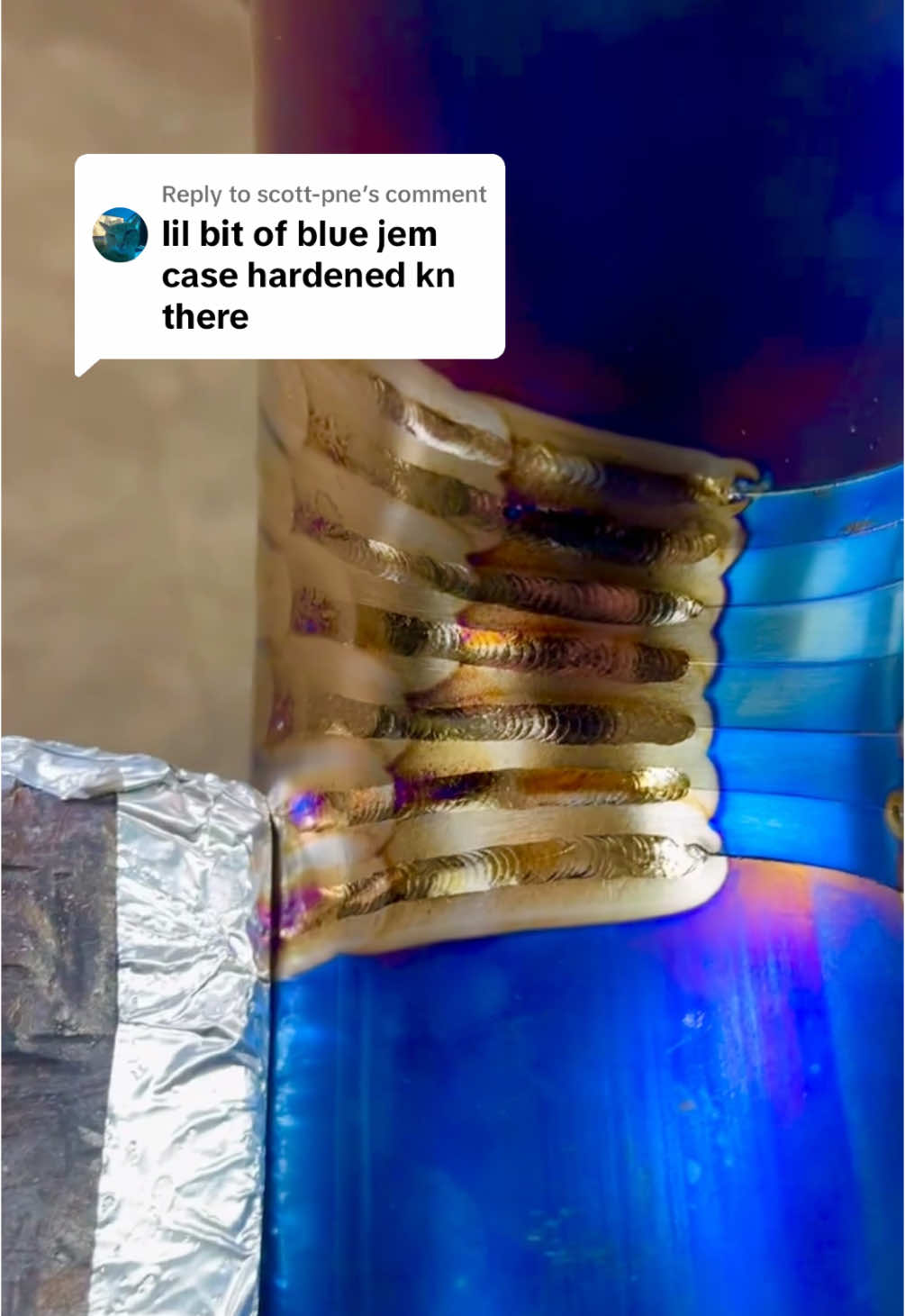 Replying to @scott-pne Welding colors are a vibe. #titanium #weldtok #tigtok #intake #custom #fyp #blue 
