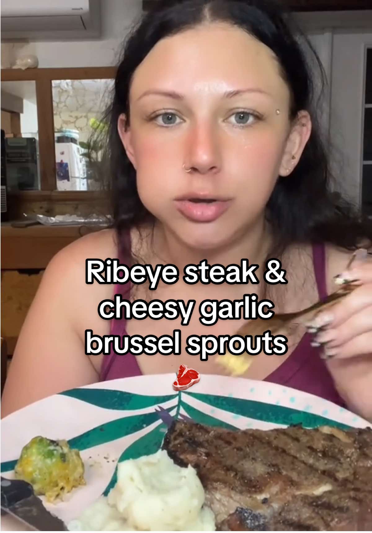 Let’s eat a grilled boneless ribeye steak 🥩, cheesy garlic brussel sprouts, & mashed potaters 🤪 #eatwithme #peopleeating #mukbangtalking #steakmukbang #mukbangburp