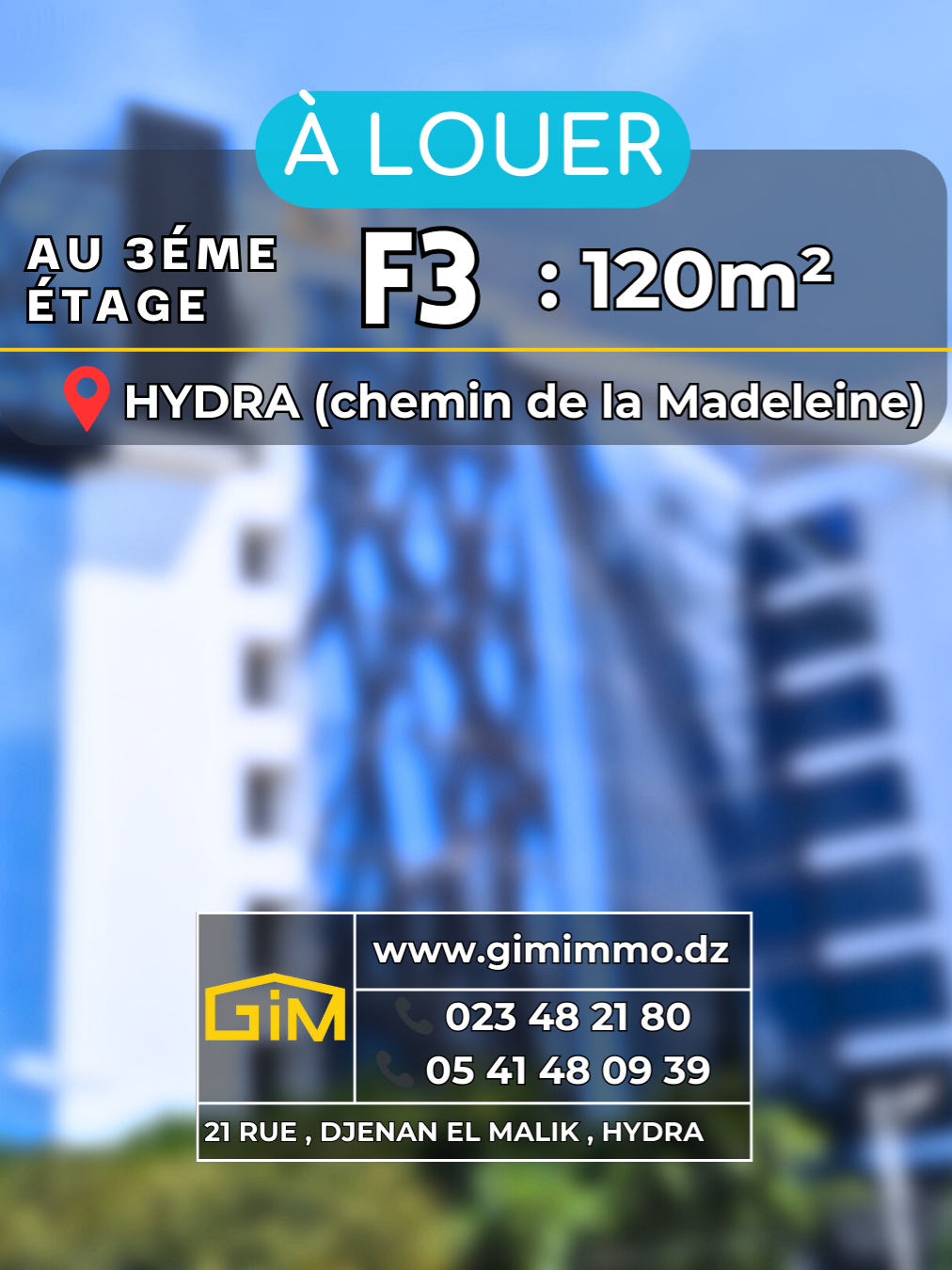 📢 À Louer : Spacieux F3 de 120m² 🏡 Gim Immo vous propose en location un appartement F3 situé au 3ème étage à Hydra, chemin de la Madeleine. ✨ Caractéristiques :  📐 Superficie de 120m²  🍽️ Cuisine entièrement équipée  🌞 Balcon avec vue agréable  🛑 Quartier calme et sécurisé  🛍️ Proche de toutes commodités Contactez-nous vite pour plus d'infos ou pour organiser une visite ! 🔑 📲 DM ou WhatsApp :0541480939 📞 Fixe : 023 48 21 80 📧 Email : contact@gimimmo.dz 📍 Adresse : 21, Rue Djenan el Malik, Hydra, Alger #Location #Hydra #Appartement #Immobilier #GimImmo #F3 #ÀLouer #Alger #LocationAlger#LocationF4