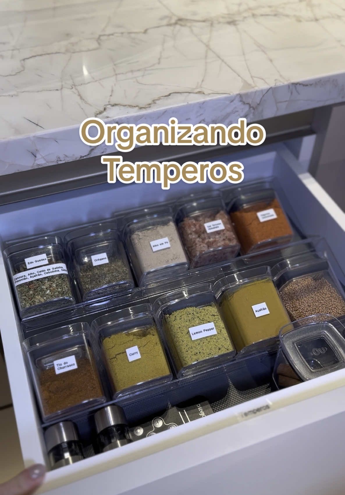 Nesse projeto de organização a cliente escolher esses potinhos acrílicos perfeitos para os temperos!!🧂  . Potes herméticos  Transparentes Etiquetados  . Todos são da OU . #organização #organizer #personalorganizer #temperos #creatorsearchinsights #potesherméticos #organizadores #gavetaorganizada #cozinhaorganizada 