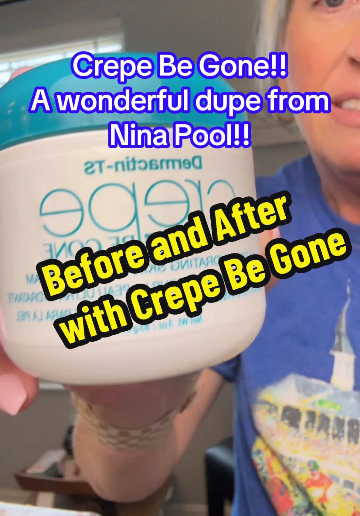 Crepe Be Gone!! Thanks Nina Pool for once again sharing another great dupe!! #crepebegone #byebyecrepeyskin #crepenomore #crepecure #aginggracefully #youthfulskinsecrets #beforeandafterskinresults 