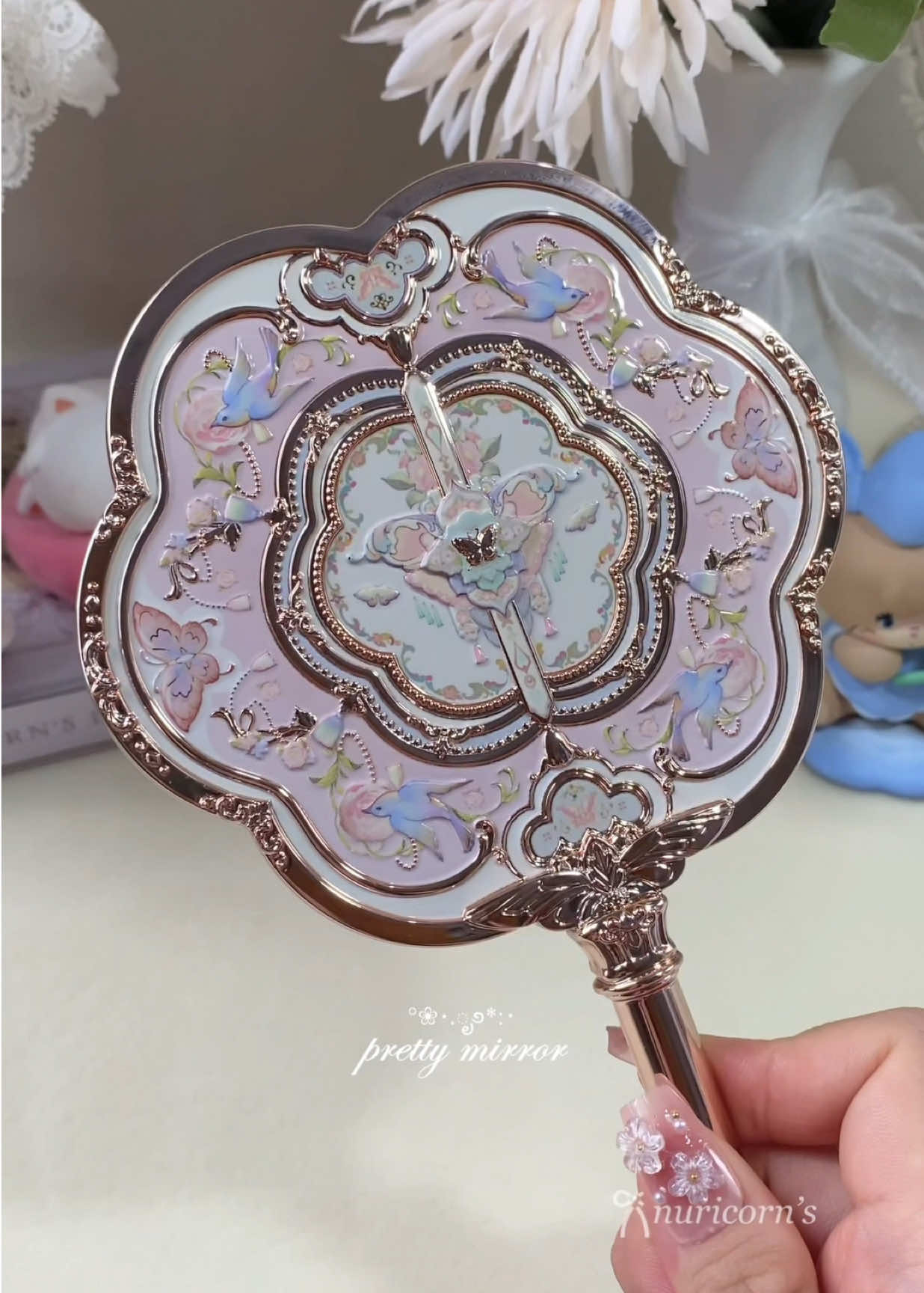 she’s not just a mirror—she’s a masterpiece ⋆౨ৎ˚⟡˖  #flowerknows #flowerknowsmirror #handmirror #aesthetic #pinkmirror #flowerknowsbutterflycloudcollar #dreamyvibes #prettymirror 