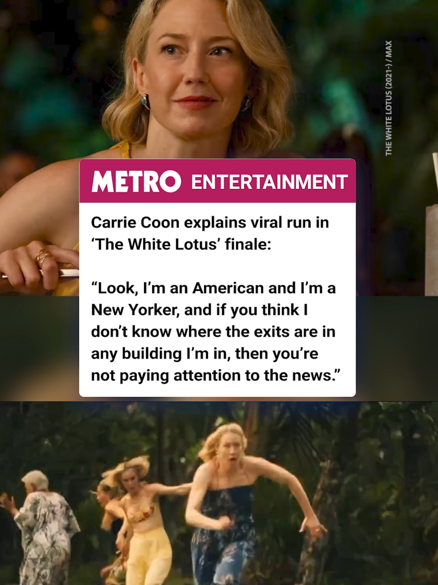 Honestly, completely justified 🙂‍↕️🙂‍↕️🙂‍↕️ In a new interview with @varietymagazine, @thewhitelotus actress Carrie Coon has explained her viral sprint in the ending sequence of the Season 3 finale. Carrie says: 