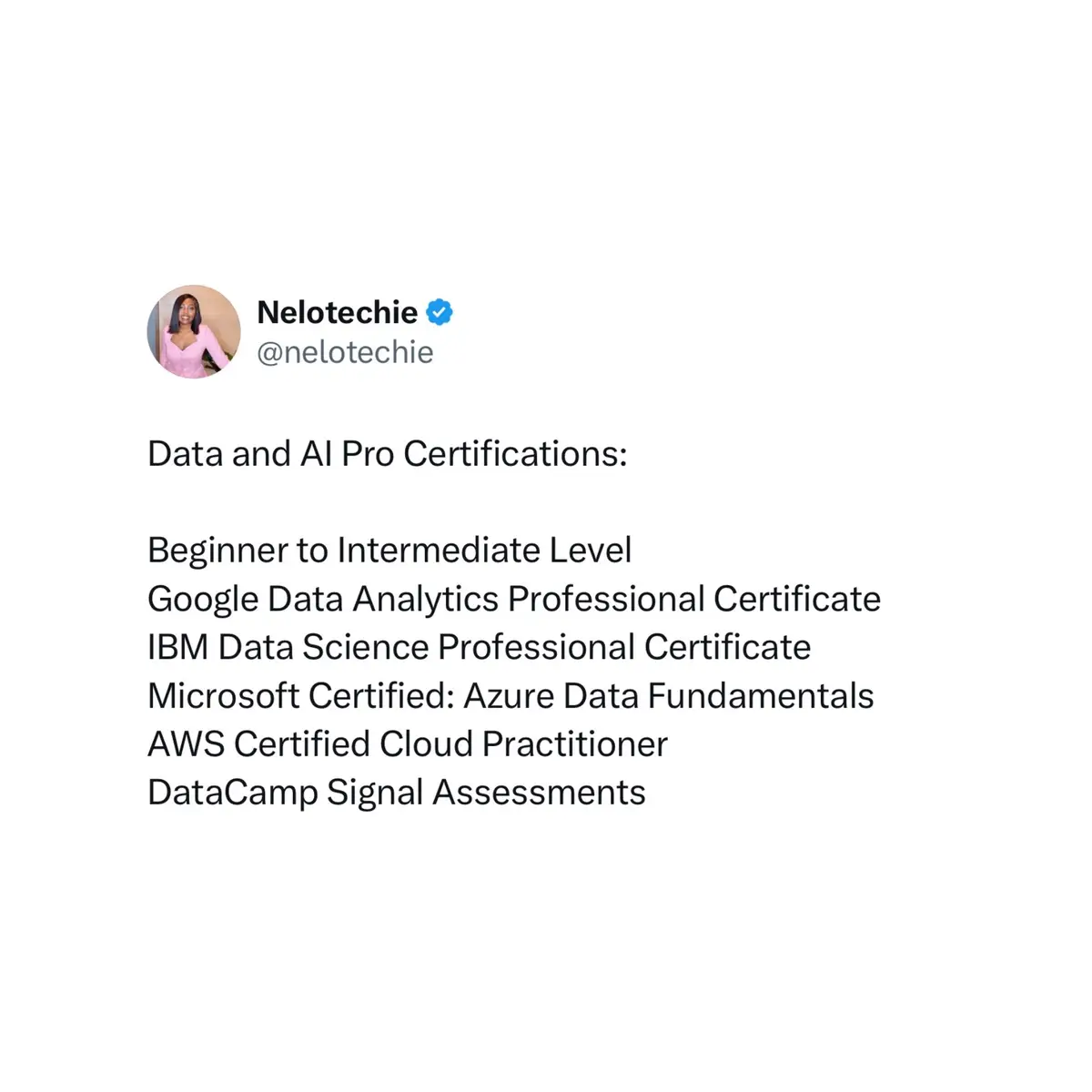 Happy Tuesday Friends! Data & AI Professional Certifications . Certifications are a great way to showcase your expertise and boost credibility—especially in today’s competitive market. . You don’t need to get all of them. This list simply highlights some valuable options available for Data and AI professionals at different levels. . Comment “link” and I’ll DM you the direct links to each certification. . Stay learning. Stay growing. ❤️🫶🏾