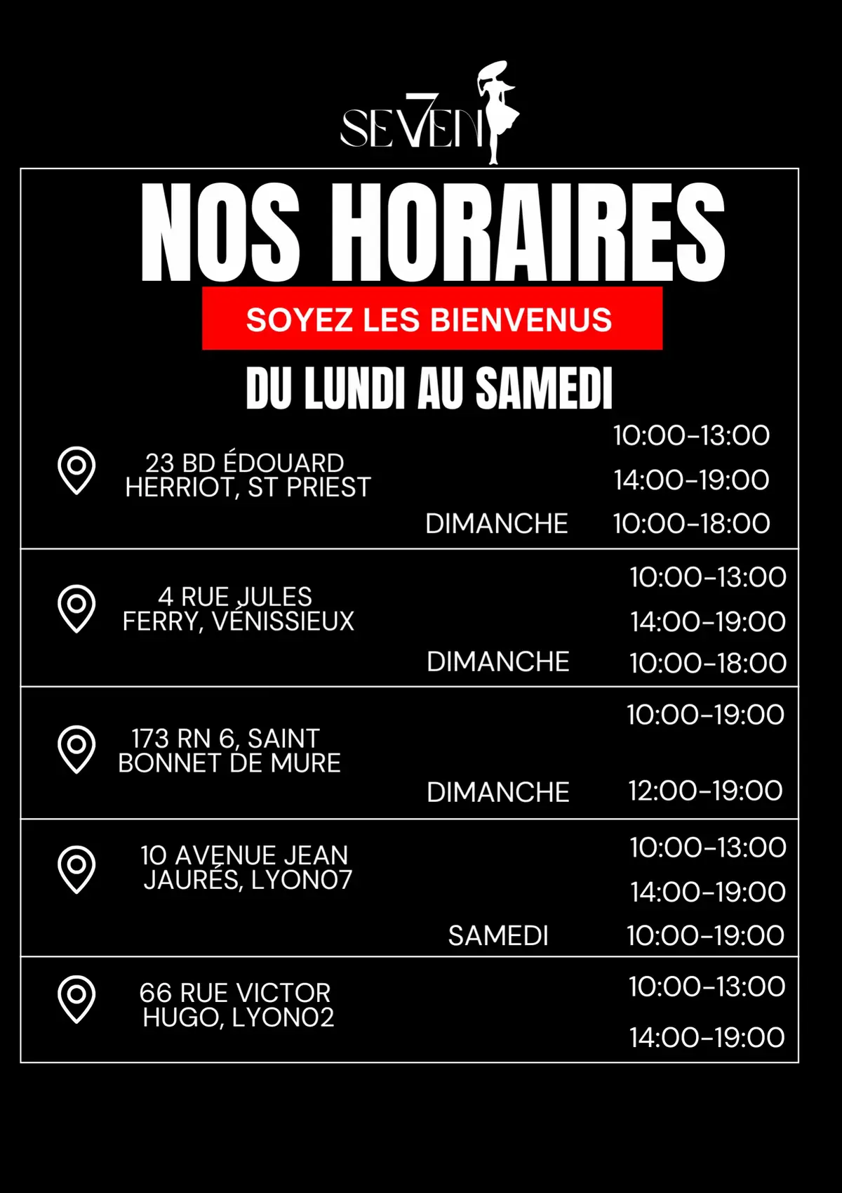 3 boutiques sont ouvertes 7j/7j 🔥  📍Rhône-Alpes 5 boutiques : ▪️Saint bonnet de Mûre : 173 RN 6 ▪️St priest : 23 Bd Édouard Heriot  ▪️Vénissieux : 4 rue Jules ferry  ▪️Lyon 07 : 10 avenue Jean Jaurès  ▪️Lyon 02 : 66 rue Victor Hugo  #ouverture #pretaporter #lyon #horaires #shopping #france #promo #fyp 