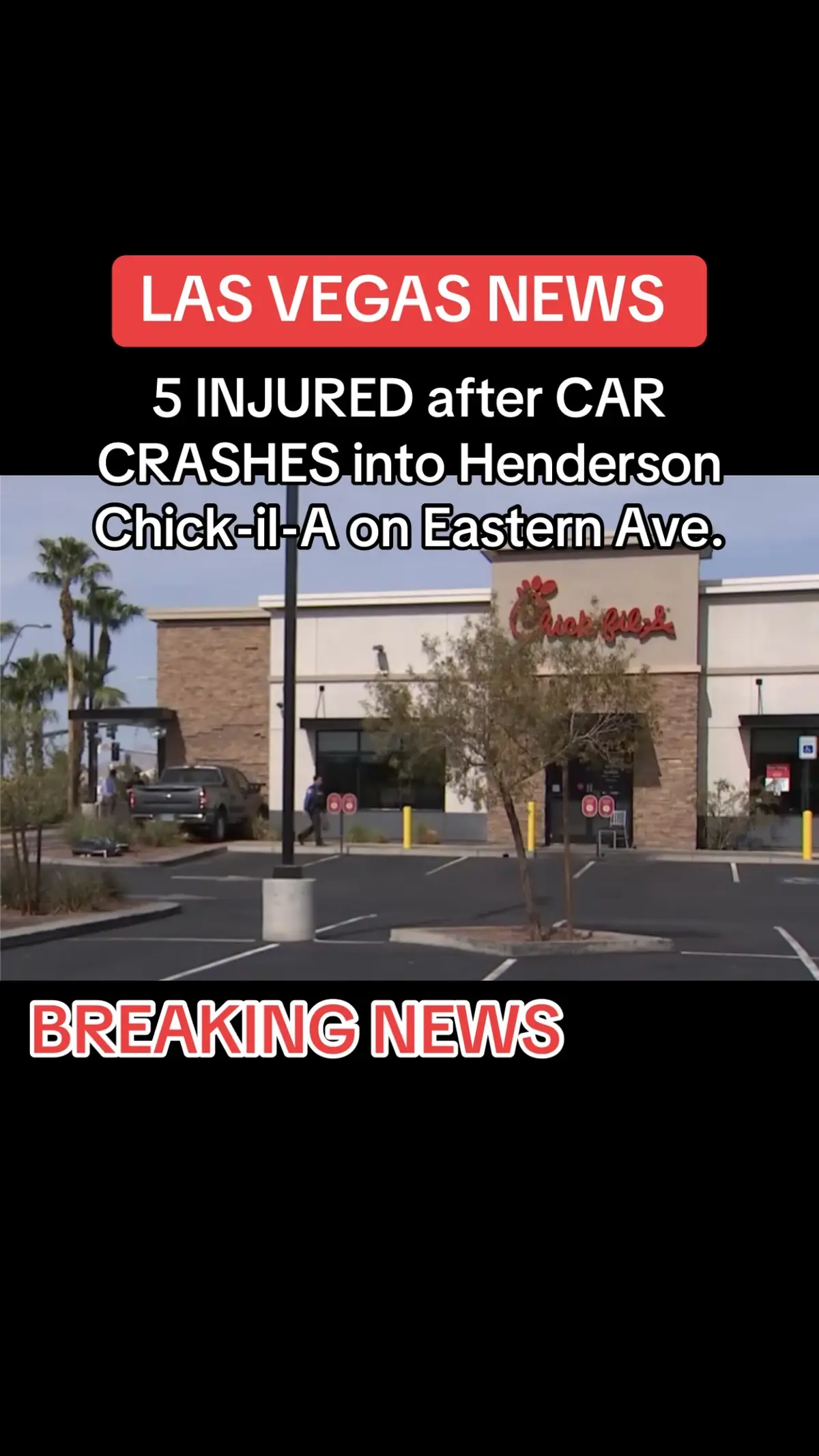 Henderson Police are investigating a crash after a vehicle slammed into a Chick-fil-A restaurant in the south valley Monday afternoon. The incident happened around 2 p.m. Monday, April 7th at the location on Eastern Avenue. Authorities confirmed that five individuals were transported to the hospital. The extent of their injuries is currently unknown. #lasvegas #carcrash #henderson #lasvegascre #caraccident #chickfila 