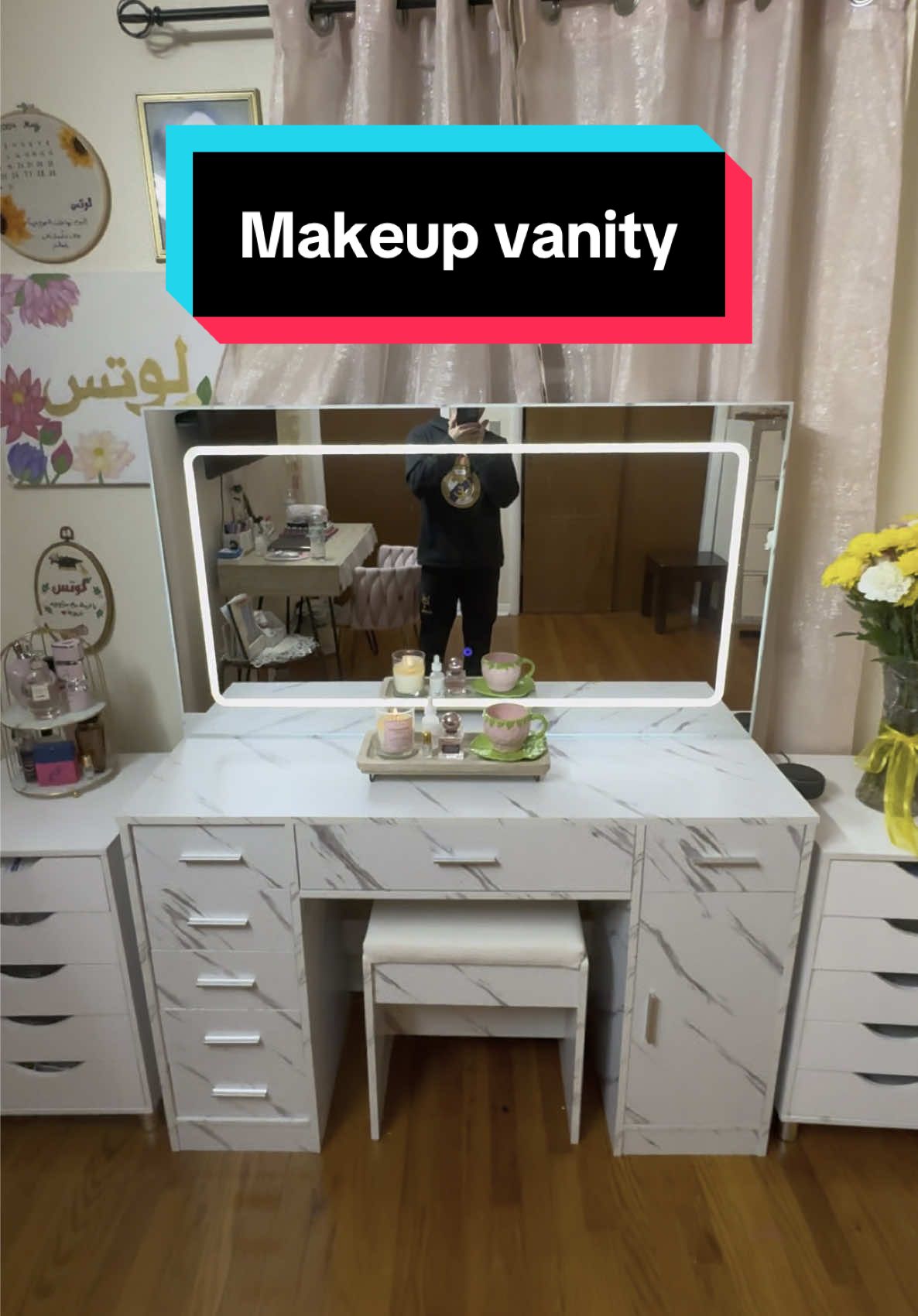 A beautiful make up vanity, huge mirror, a lot of storage capacity and a little chair #Vanities #Vanity #bedroom #bedroomfurniture #MakeUpVanity #tiktokshopspringsale #TikTokShopSpringGlowUp #springtok  