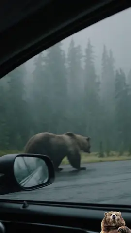 A massive grizzly bear walking right alongside a car on a misty forest road—an absolutely breathtaking encounter! 🐻🌲 Grizzlies can appear calm, but they are incredibly powerful and can move surprisingly fast. Always stay inside your vehicle and never attempt to approach or feed them! #GrizzlyBear #WildlifeEncounters #BearFacts #ForestWildlife #BearSafety #CloseEncounter