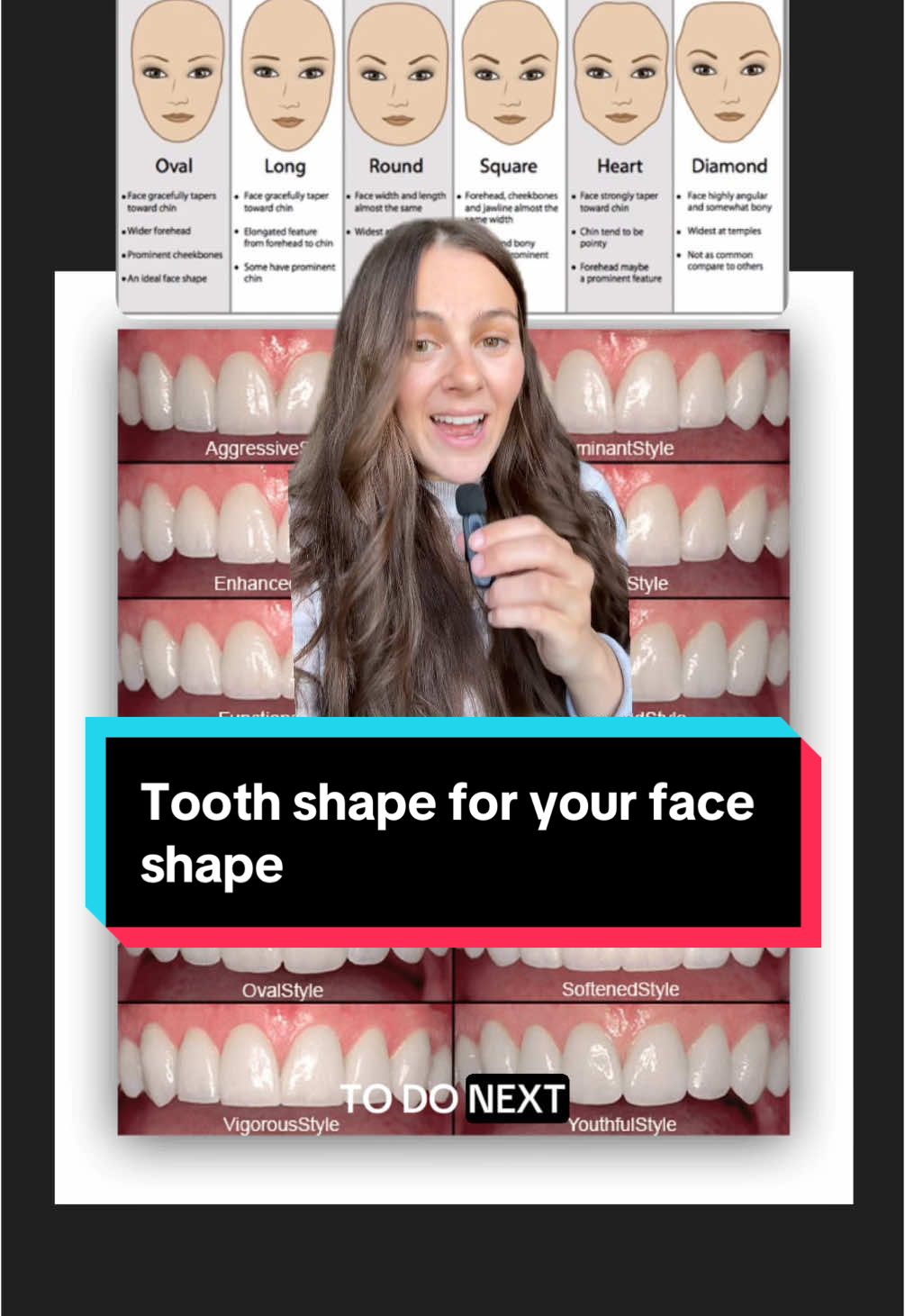 Your face shape should dictate your tooth shape in cosmetic dentistry. Not everyone suits every style! #veneers #crowns #dentures #compositebonding #turkeyteeth #faceshape #LearnOnTikTok #cosmeticdentistry #GlowUp 