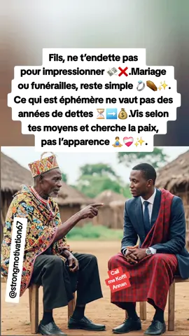 Ne t’endette pas pour impressionner 💸❌. Mariage ou funérailles, reste simple 💍⚰️✨. Ce qui est éphémère ne vaut pas des années de dettes ⏳➡️💰. Vis selon tes moyens et cherche la paix, pas l’apparence 🧘‍♂️❤️‍🩹✨. #motivation #conseil #sagesse #pourtoii 
