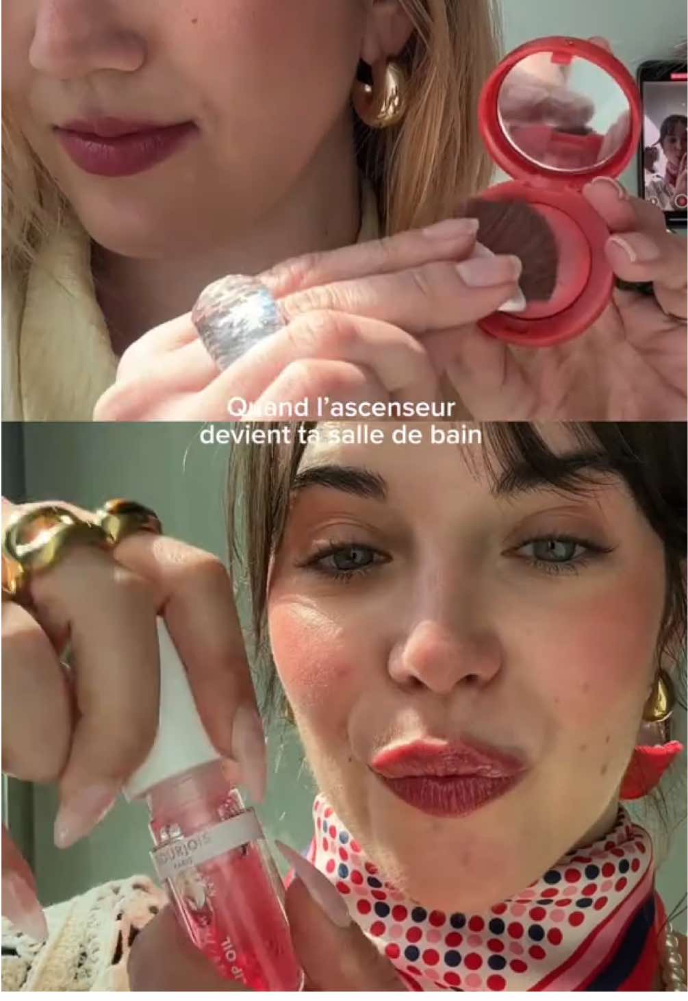 Vous aussi, vous transformez l’ascenseur en salle de bain privée quand vous êtes en retard ? 💋 SoS lip oil + petite boite ronde blush = glow express garanti ✨ #Bourjois #BourjoisParis #elevatorgirl #makeup