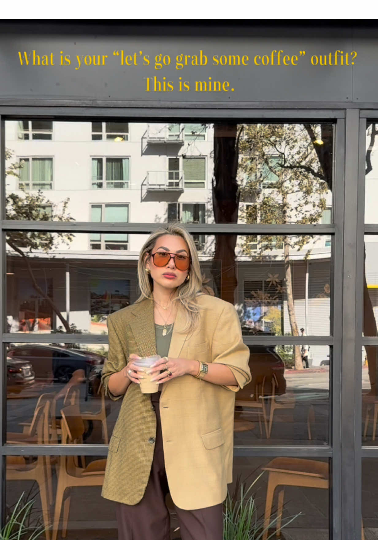 This is my coffee run look. I’m wearing one of my most versatile blazers by @havrestudio. This can easily be dressed up or down, but today I decided somewhere in between. 💁🏼‍♀️ What are you wearing to the café these days? Spill the vibe ☕️  Blazer @havre_studio  Tank top @Elwood  Pants @ZARA  Shoes @adidas  Sunglasses @Le Specs  #coffeeruns #café #coffeetok #coffeetime #looks #coffeelooksoftheday #coffeeoutfit #OOTD #styleinspo #fashion #blazer #casualchicstyle #style #latté #latte #spring #losangelescoffee #lacoffeeshop #looks #instagramfashion #sipsip #morningcoffeeroutine   