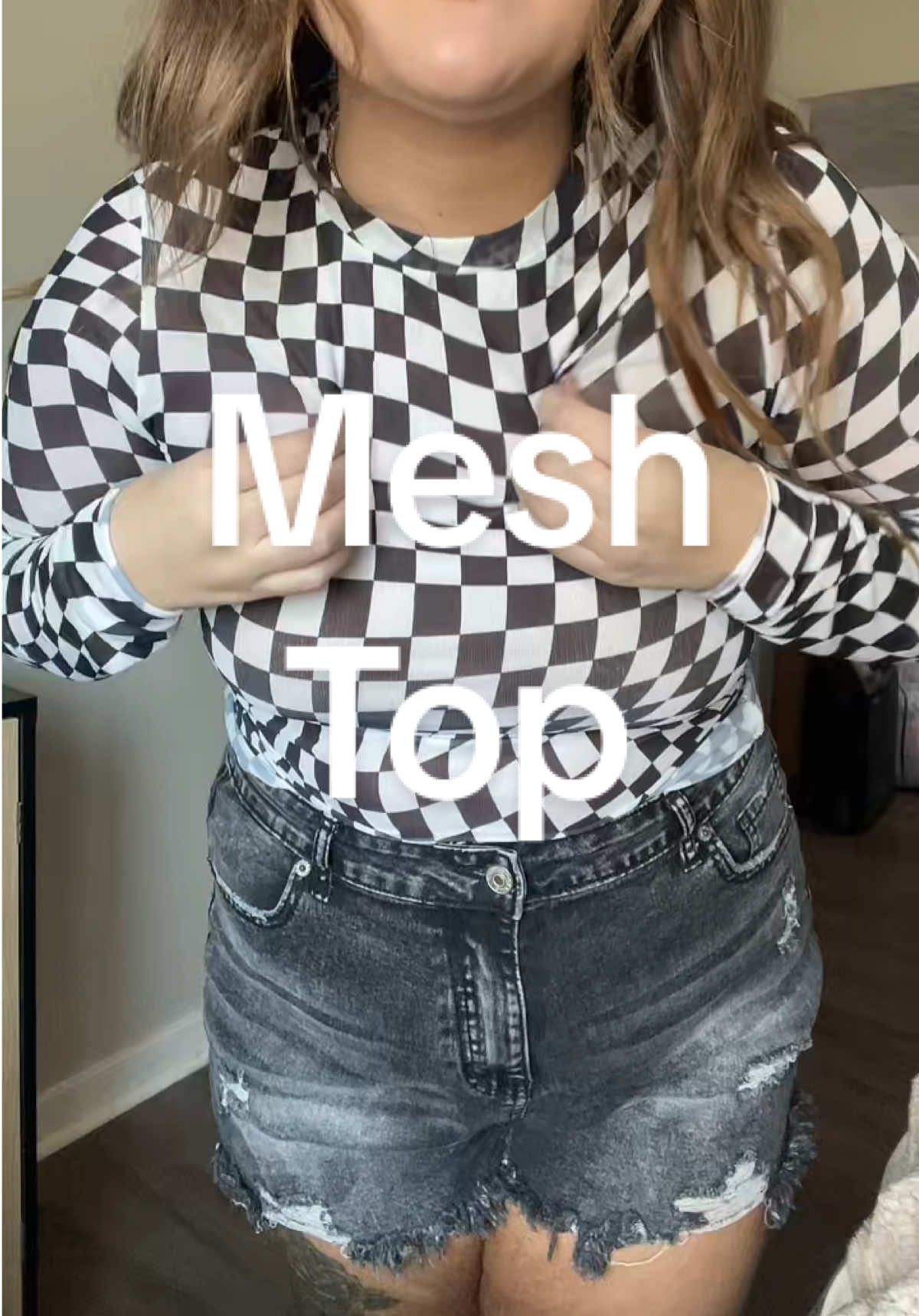 I LOVE this mesh top!! Seriously so comfy and cute 😍🏁  Wearing my true size L #meshtop #checkeredprint #midsizefashion #midsizeoutfits #meshtopoutfit #OOTD #tiktokshoprestock #womensfashion 
