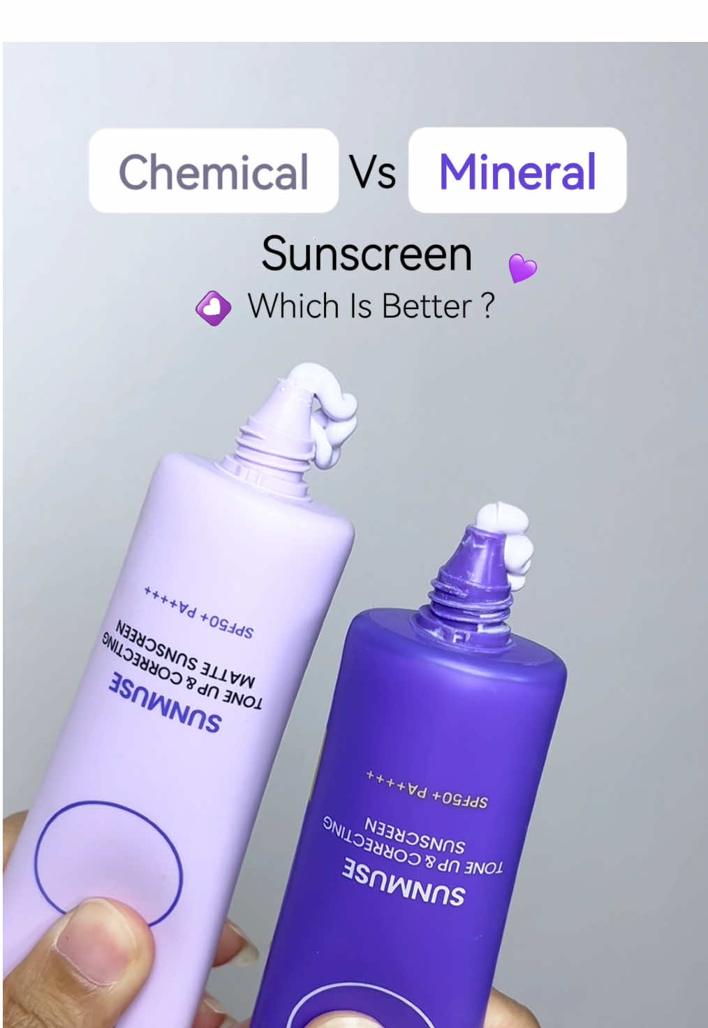 🤍 CHEMICAL VS MINERAL 💜SUNSCREEN Which Is Better☀️✨ 🤍 SUNMUSE TONE UP & CORRECTING MATTE SUNSCREEN 💜 SUNMUSE TONE UP & CORRECTING SUNSCREEN #beplain #beplainthailand #สกินแคร์ #ครีมกันแดด #sunscreen #กันแดดโทนอัพ 