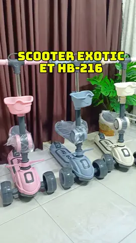 Scooter Duduk Exotic Et HB-216 Harga: 280.000 ✅ NEW !! Barang Baru Original 100% ✅ Standart SNI 🍀 Merk : EXOTIC (BY PACIFIC) 🍀 Tipe : ET HB 216 (MUSIK + DUDUK + KERANJANG DEPAN) Spesifikasi : ➡️ Ada Tempat Duduk ➡️ Mudah di Lipat ➡️ Roda Bisa Nyala Lampu ➡️ Ada Musik dan Lampu ➡️ Roda depan 2 ➡️ Roda belakang 1 ➡️ Tiang Stang bisa di atur ketinggiannya - ADA KERANJANG DEPAN ✅ READY STOK ✅ NEW !! Barang Baru Original 100% ✅ Standart SNI