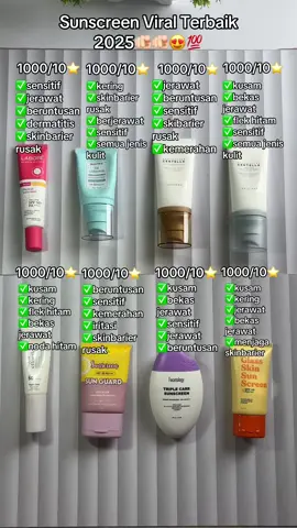 Rekomendasi sunscreen viral terbaik 2025🫵🏻😍🫶🏻kalian timm mana???#sunscreen #sunscreenviral #sunscreenreview #reviewsunscreen #labore #skintific #skin1004 #kymmskin #mako #facetology #gloowbi #rekomendasisunscreen 