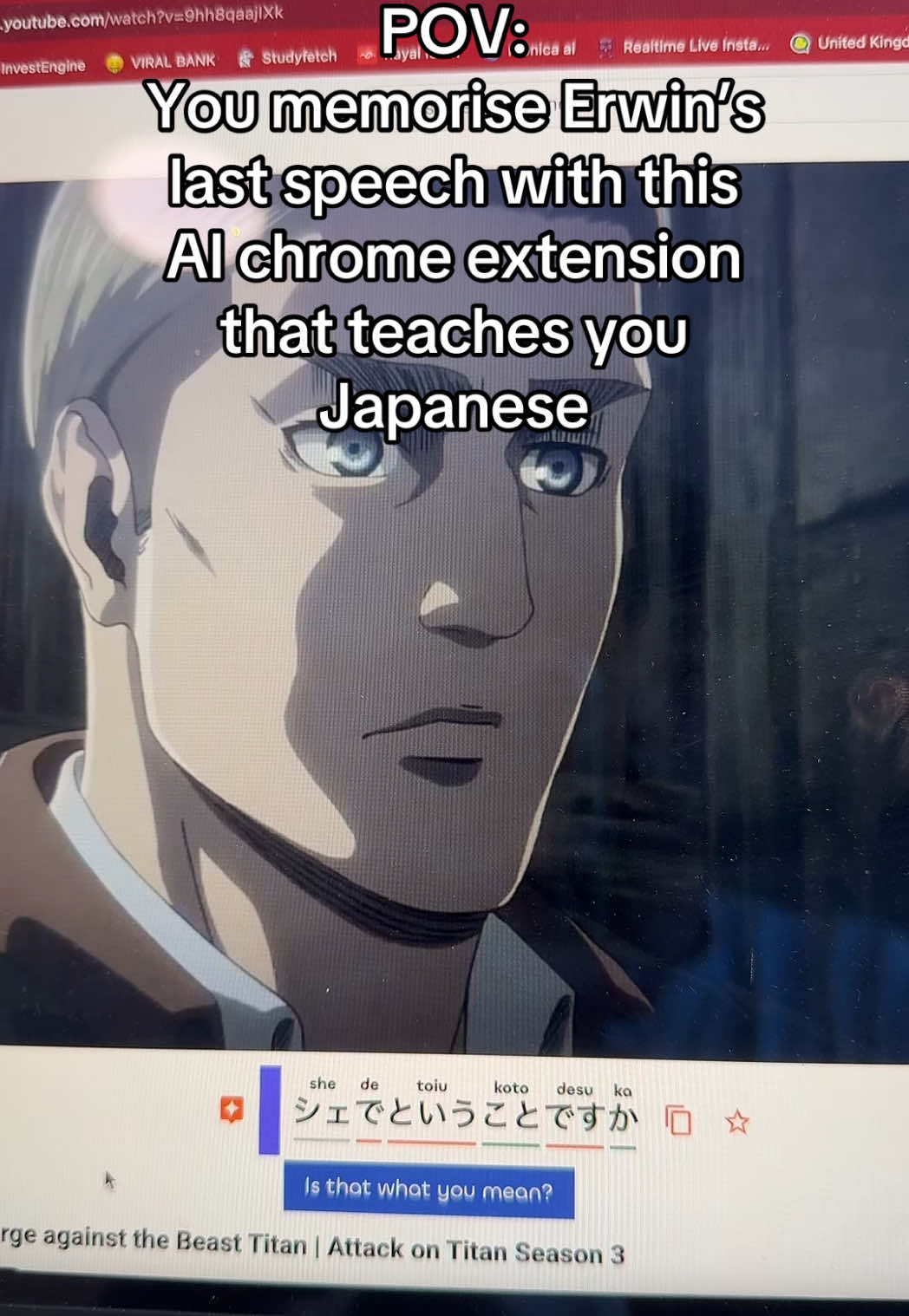 I can’t believe I found this chrome extension! #japanese #japaneselesson #japaneseculture #japanesefood #japaneselearning #japanesegirl #japaneselanguage #anime #AttackOnTitan #aot #erwin 