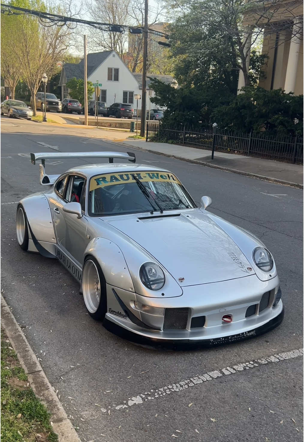 Don’t worry, the tow hook is real ;)  . . 1997 Japanese 993 with the OG slicktop and RWB’s “Heavenly” widebody kit. Straight out of Nakai’s shop in Japan. It is a full blown race car. The 3.6L is bored out to 3.8L, 6 into 1 header, Ohlins all the way around, cage, harness, bucket seats, and brakes that will stop the world. It’s name is “Faito Kurabu” which in English means “Fight Club” Oh and it only weighs 2800lbs… . . #rwb#rwbb#rwbporschek#nakaisanu#roughworldr#porsche993d#widebodykitb#rwbheavenlyu#rauhweltbegriffmlifestyle 