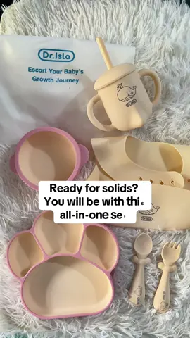 This is your ultimate starter pack for baby’s first bites! #startingsolids #6monthsbaby #firsttimemom #feedingset #babyplate #babysippycup #babyspoonandfork #babybib #babybowl #weaning #fypシ゚viral🖤video   Dr.Isla Baby Feeding Set Silicone BPA-free 5-Piece Tableware Heat Resistant Bowl Spoon Forks 