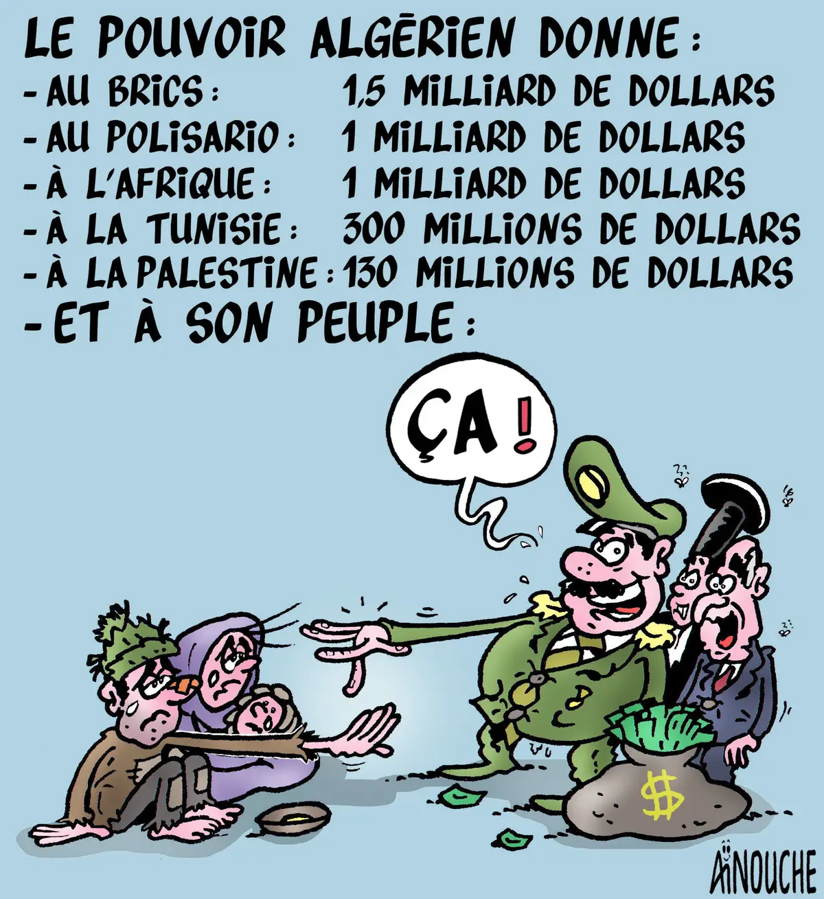 Algérie : un régime généreux avec les autres, mais pas avec ses citoyens !  #Algérie #Algeria #Tunisie #Palestine #Afrique #Polisario #BRICS #Cartoon #Caricature #Aïnouche #Ainouche 