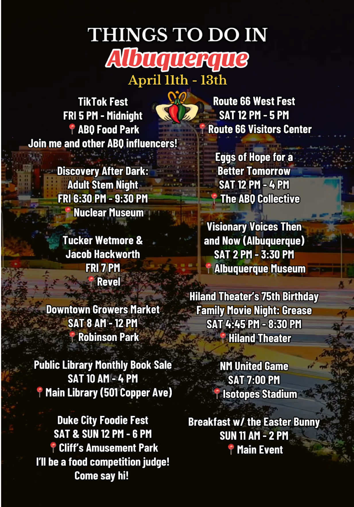 Things to do in Albuquerque this weekend (April 11th - 13th). Please contact event organizers for more information and to verify event details. I'm human and can make mistakes with event information lol.  If you know of any other events taking place this weekend in Albuquerque or Rio Rancho, please comment down below!  I am not involved in these events and can't speak to the organization of the event or how fun your experience will be.   #abqnm #albuquerque #newmexico #abqfoodies #albuquerquefood #albuquerqueevents #505 #burque 
