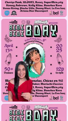 @Las Ofrendas celebra el 8.º Bidi Bidi Birthday de #fridadridayatx con una fiesta temática de Selena en Ani’s Day and Night🎉 QUÉ: Las Ofrendas, fundadora y organizadora de los mercados Frida Friday ATX, presenta la octava edición de su ya tradicional celebración Bidi Bidi Birthday. El evento estará lleno de entretenimiento, música, instalaciones artísticas, actividades de empoderamiento, un mercado Frida Friday ATX, ¡y una celebración del amor en todas sus formas! QUIÉN: Bidi Bidi Birthday contará con: ● DJs: Chorizo Funk, ULOVEI, SuperMcN4sty y Rosez ● Shows de drag por: Kelly Kline, Honey Andrews, Danny Iman Blast, Banshee Rose, Arinna Dior Davenport, Pinche Villa, Venus Rising y Eva Inez ● Un mercado especial de Frida Friday ATX con más de 50 vendedores latines ofreciendo productos culturales, artesanales y únicos ● Música en vivo de Mariachi Clásico y Chicas de 512 ● Conversatorio político estilo fogata ● Taller de Decolonizing Wealth ● Boda grupal gratuita, oficiada por la Hon. Denise Hernández ● Comida y bebidas de Ani’s Day and Night y food trucks en el lugar ● Escenografías y oportunidades para fotos con temática de Selena ● Concurso de doble de Selena CUÁNDO: Domingo 13 de abril de 2025 | 12:00 PM – 6:00 PM DÓNDE: Ani’s Day and Night, 7107 E Riverside Dr, Austin, TX 78741 @anisdayandnight @bcloftexas @tktunchez #selena #bidibidibirthday #atx #austin #texas