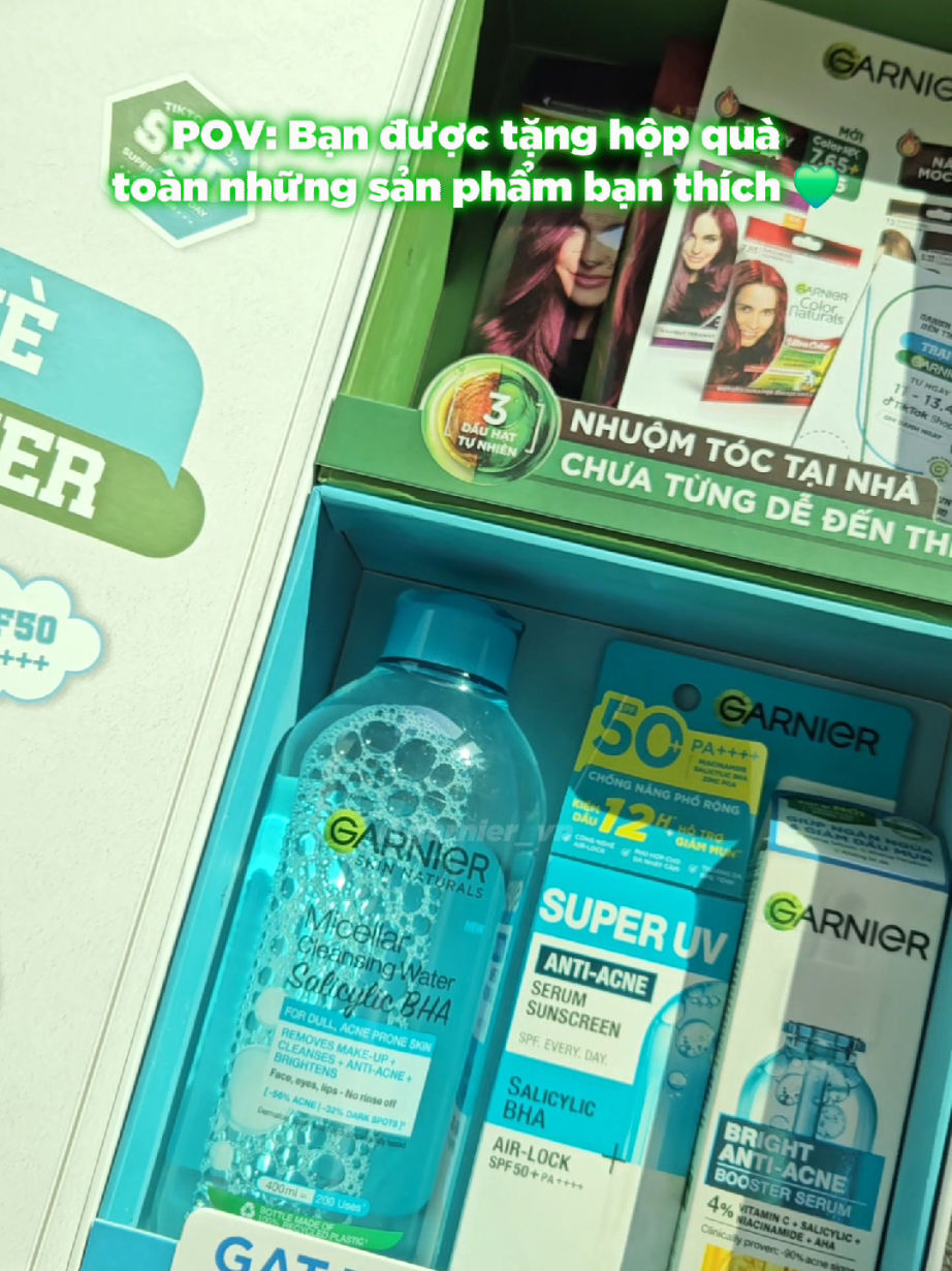 Bạn được tặng hộp quà toàn những sản phẩm bạn thích 💚🩵✨️ #garnier_vn #garnier #garniersbd #goclamdep #reviewlamdep #muataitiktokshop #skincare #nhuomtoc #lnaht 