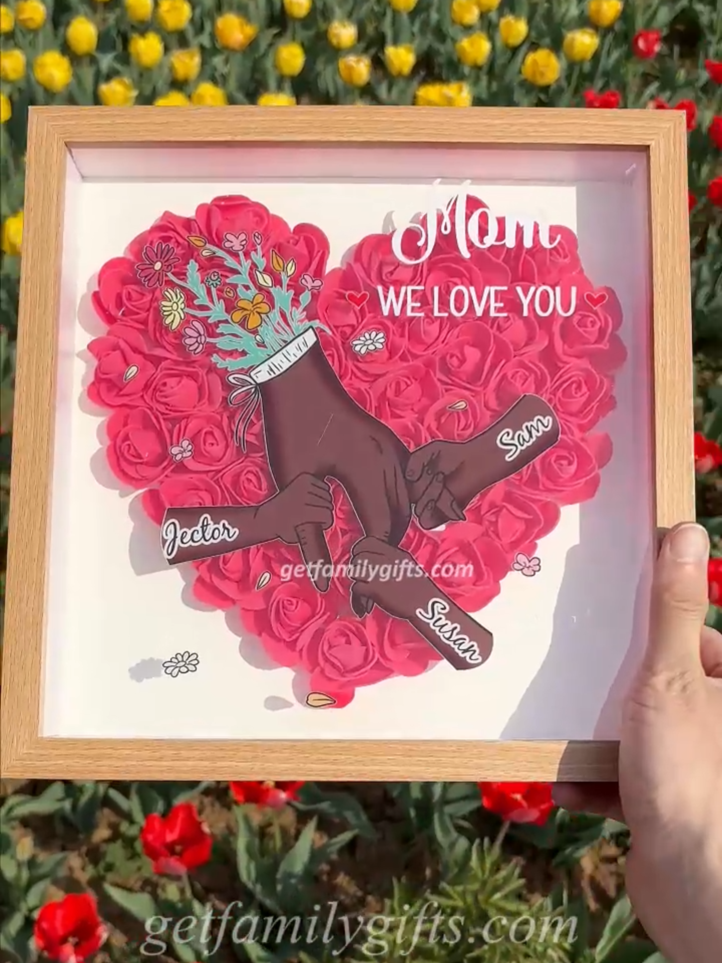 Nothing says thank you like a custom hand-in-hand shadow box with her children's names and soft flowers 🌸 A keepsake that brings her to tears — in the best way 💖#gift #mothersday #mom