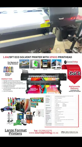 ✨Explore our range of Large Format Printers at SourcePrinting, tailored to meet diverse printing needs—from high-volume commercial projects to specialized applications. Featured Models: 	•	1.6m GraphKing XP600 Series – Ideal for vinyl stickers, banners, and sublimation printing. 	•	1.6m GraphKing DX5 Series – Offers enhanced print quality for detailed graphics. 	•	1.8m GraphKing XP600 Series – Suitable for larger format printing with efficient output. 	•	2.5m GraphKing DX5 Series – Designed for expansive projects requiring precision. 	•	3.2m GraphKing XP600 Series – Handles large-scale printing tasks with ease. 	•	Canon imagePROGRAF PRO-2100 & PRO-6100s – Professional-grade printers for high-resolution outputs. Key Features: 	•	Versatile Media Compatibility: Print on various materials including vinyl, canvas, photo paper, and more. 	•	High-Speed Printing: Efficient print speeds to meet tight deadlines. 	•	Advanced Ink Systems: Utilize eco-solvent, sublimation, or water-based inks for diverse applications. 	•	User-Friendly Software: Equipped with Maintop 5.3 and other RIP software options.  	•	Comprehensive Support: Warranty coverage and technical assistance available. Contact Us: 	•	Email: print@sourceprinting.co.za 	•	📞 Call: +27 12 883 2275 	•	💬 WhatsApp: +27 12 035 1963 	•	🌐 Shop Now: www.sourceprinting.co.za 	•	🚚 Fast Nationwide Delivery! For more details and to view our full selection, visit our Large Format Printers Collection.