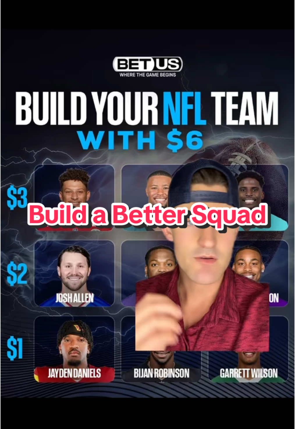 Build a better squad with $6! #nfl #nflfootball #buildyourown #nflteams #patrickmahomes #bijanrobinson #justinjefferson #nfloffseason @BetUS_Sports 