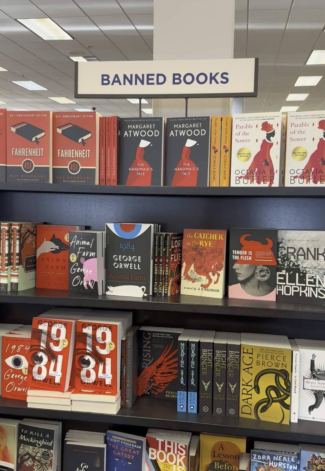I love this display at @Books-A-Million I truly cannot believe that these books aren’t allowed in schools anymore, almost all of these were reading requirements when I was in school  #BookTok #book #books #classicbooks #booksamillion #bannedbooks #bannedbooksarethebestbooks #handmaidstale #catcherandtherye #animalfarm #georgeorwell #thegreatgatsby #greatgatsby #1984 #reading #readinglist #booktoker #schoolbooks #bookish 