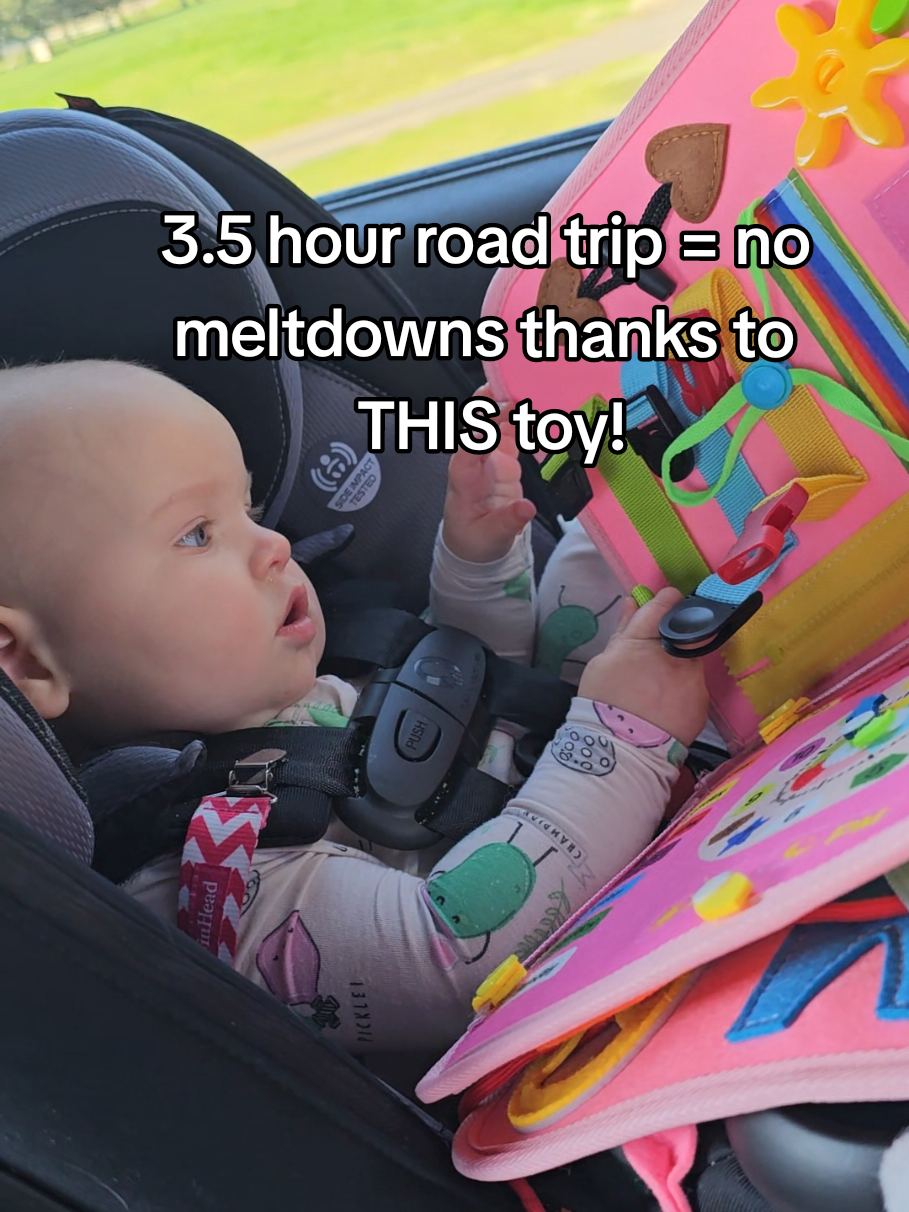 We survived two 3.5 hour drives this weekend with no meltdowns... all thanks to this Montessori busy board. She played with it every time she was awake!  #momwin #toddlermusthaves  #busybaby #montessoritoy  #toddlertravel #momsoftiktokover30  #toddlerlife #roadtriptips  #toddleressentials  #tiktokshopfinds #tiktopshop 