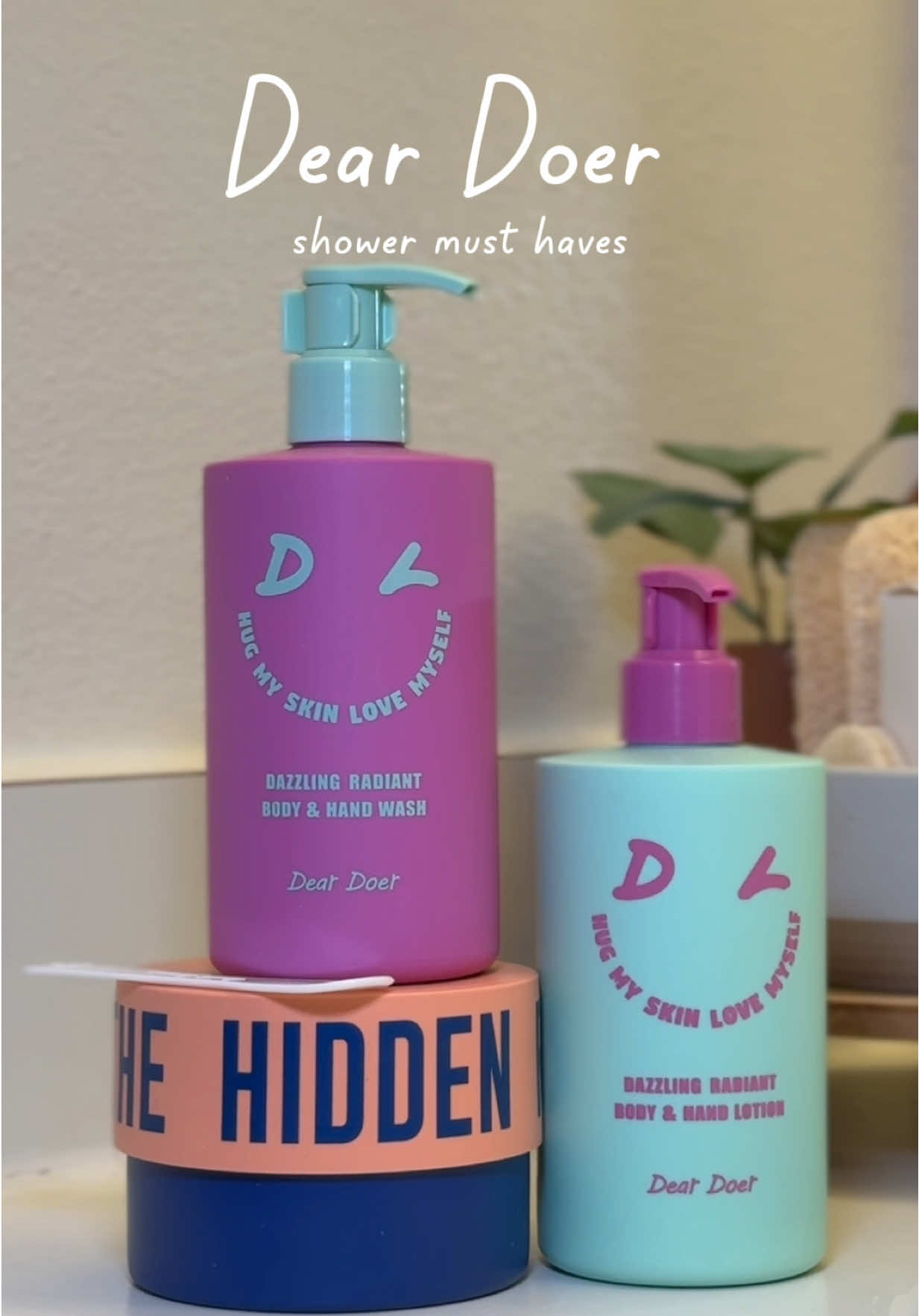 new shower routine line up, these made my skin feel so soft and smell so good!✨  products: dazzling radiant body and hand wash, dazzling radiant hand and body lotion, the hidden body scrub. gifted by @DearDoer @Picky Shop:  #pickyxdeardoer #deardoer #bodyscrub #showerroutine 