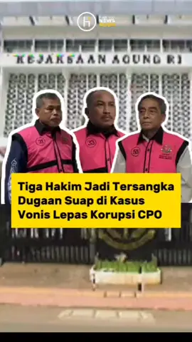 Kejaksaan Agung (Kejagung) menetapkan tiga hakim sebagai tersangka kasus dugaan suap dan/atau gratifikasi terkait dengan putusan lepas (onslag) perkara korupsi pemberian fasilitas ekspor crude palm oil (CPO) di Pengadilan Negeri (PN) Jakarta Pusat. Tiga hakim tersebut adalah DJU (Djuyamto), ASB (Agam Syarif Baharuddin), dan AM (Ali Muhtarom). “Berdasarkan alat bukti yang cukup, sudah diperiksa tujuh orang saksi, maka pada Minggu (13/4) malam, penyidik menetapkan tiga orang tersangka,” kata Direktur Penyidikan Jampidsus Kejagung Abdul Qohar di Gedung Kejaksaan Agung, Jakarta.   Ia mengatakan ketiganya merupakan majelis hakim yang menjatuhkan putusan lepas tersebut.  Dari hasil pemeriksaan, penyidik mendapatkan fakta bahwa ketiganya menerima uang suap senilai miliaran melalui tersangka MAN (Muhammad Arif Nuryanta) selaku Wakil Ketua PN Jakarta Pusat pada saat itu. Adapun uang suap tersebut, kata Qohar, berasal dari tersangka AR (Ariyanto) yang merupakan advokat tersangka korporasi dalam kasus ini.   