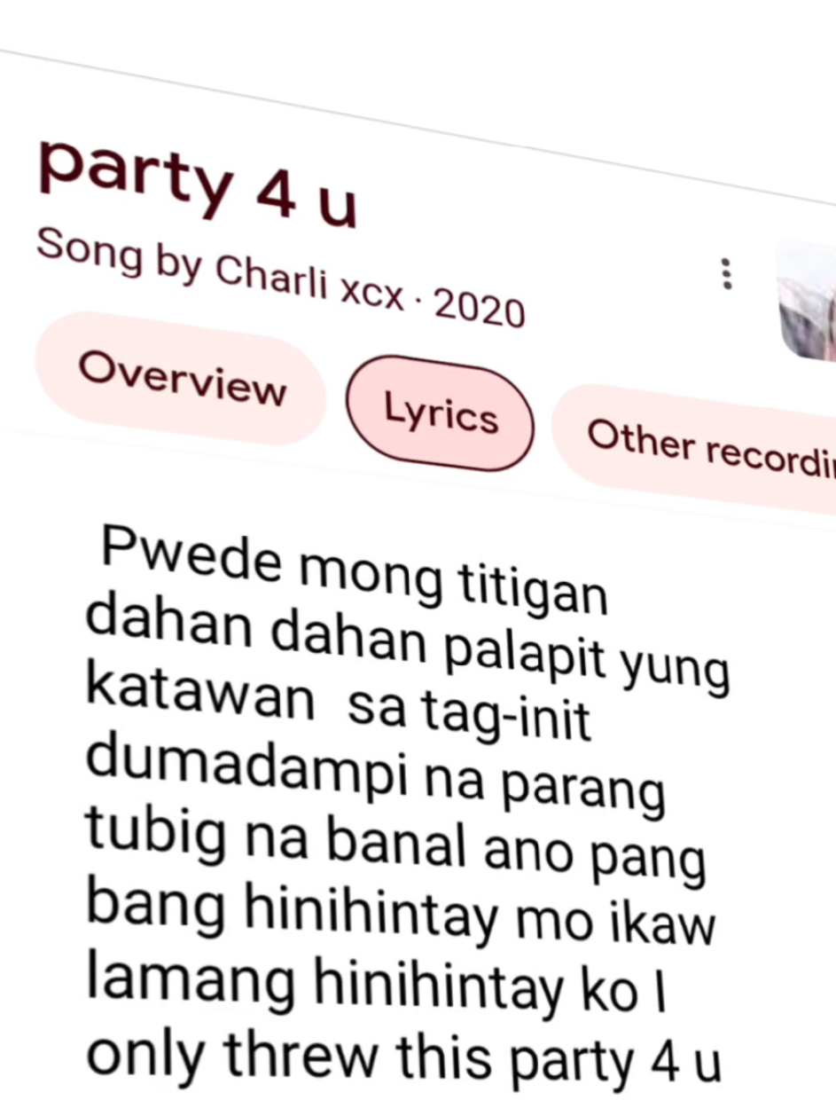 PARTY 4 U | LYRICS #party4u #party4utagalog #lyrics #googlelyrics #4u #fyp #fyppppppppppppppppppppppp 