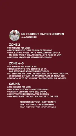 One of the biggest impacts on your health is cardio. I’ve loved weight training my entire life, but in the past few years I’ve seen everyone act like that’s enough to optimize your health. Strength training is an amazing place to start but adding cardio to my training has taken my health and performance to new levels.  Three years ago, in my 30s, I scored a 47 on my VO2 max. The score was considered “fair”. As someone who was approaching my 40s, combined with a family history of heart disease, it was at that moment that I decided to change that.  Two years ago, I scored a 51 on my VO2 max. Last year, I scored 53.7. Both of these scores are considered superior but I have a goal of reaching a VO2 max of 60. For my 42nd birthday, I tested my VO2 max and scored 55.6. This is my current cardio protocol - what I recommend to clients may differ based on their level of adherence: Zone 2 🔘 90 minutes per week 🔘 Broken up into three 30-minute sessions 🔘 I prefer to ruck using a vest that’s approximately 20% of my body weight on a treadmill at a pace of 4mph 🔘 I keep my heart rate between 120-130bpm 🔘 I choose this modality because it’s minimally fatiguing for my legs. I absolutely love weight training and I train my legs every 4 days using very heavy weight - I don’t want my cardio to affect my ability to lift heavy. Zone 4-5 🔘 35 minutes per week of HIIT 🔘 Broken up into two sessions of 1:1; one session of Norwegian Protocol 🔘 1:1 sessions are done on the SkiErg typically with 30 seconds on, 30 seconds off with an average watt of about 400  🔘 Norwegian Protocol is four rounds of 4-minutes with watts around 250 with a 3-minute rest break between each round 🔘 The goal is to get my heart rate into the 160s, 170s bpm Sauna 🔘 100 minutes per week  🔘 Broken into four 25-minute sessions 🔘 When I’m using my home @SISU_sauna, I keep the temperature at 190 degrees 🔘 When I’m using saunas away from home, I keep the temperature around 175 degrees 🔘 Quickly after entering the sauna, my HR enters the 90s and escalates over time to the 130s 